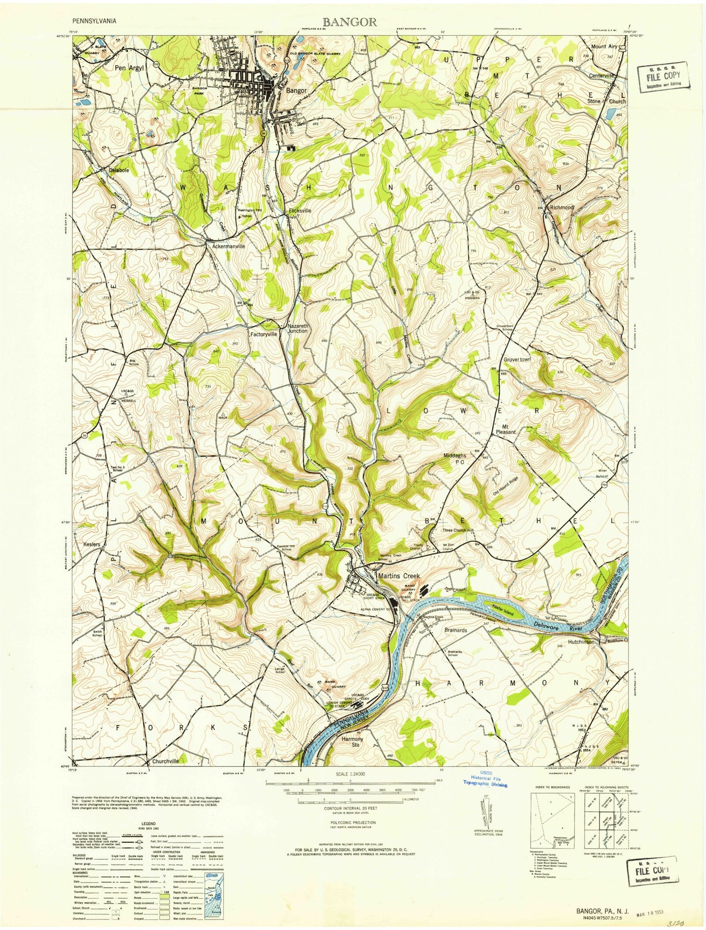 Classic USGS Bangor Pennsylvania 7.5'x7.5' Topo Map Image