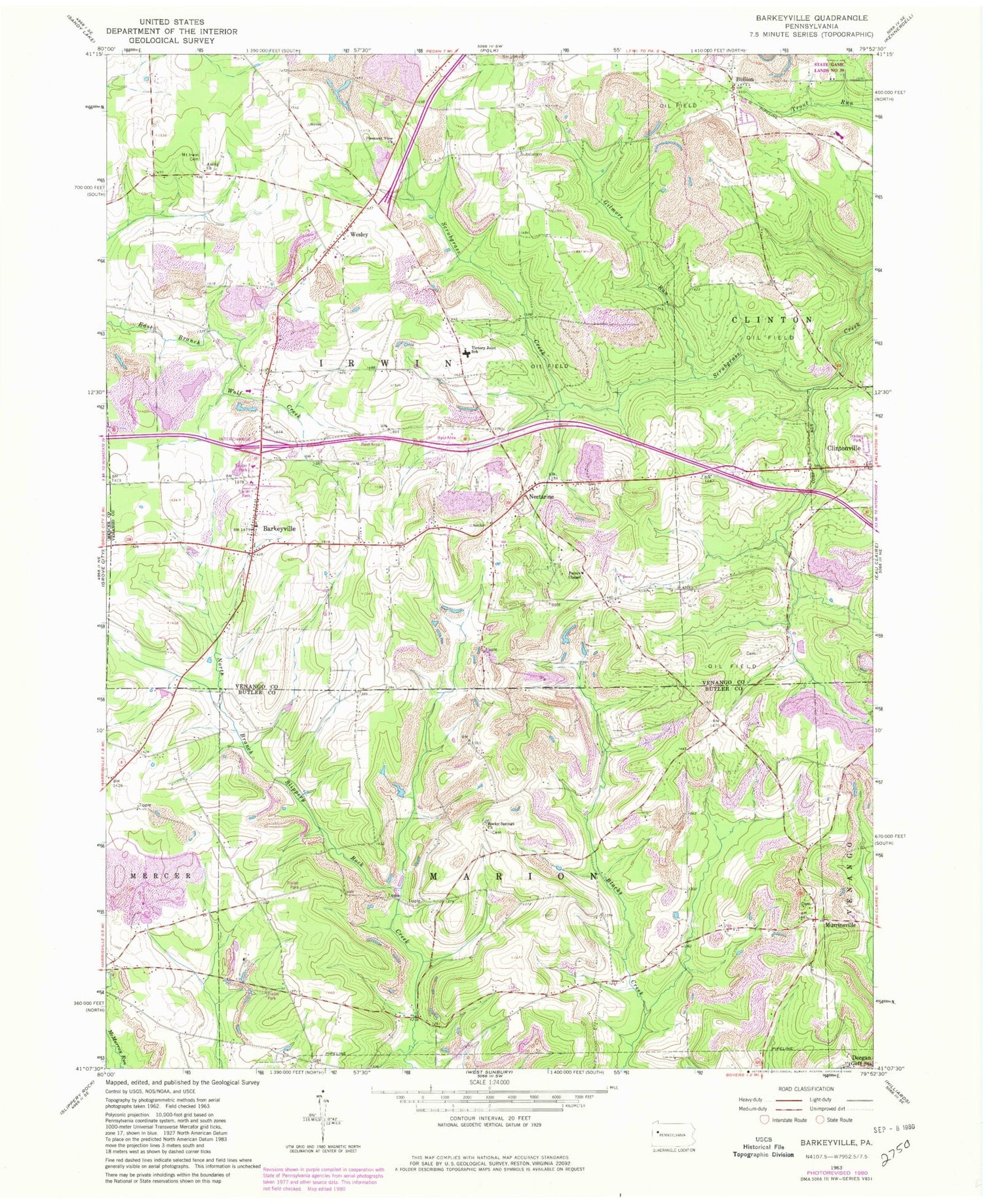 Classic USGS Barkeyville Pennsylvania 7.5'x7.5' Topo Map Image