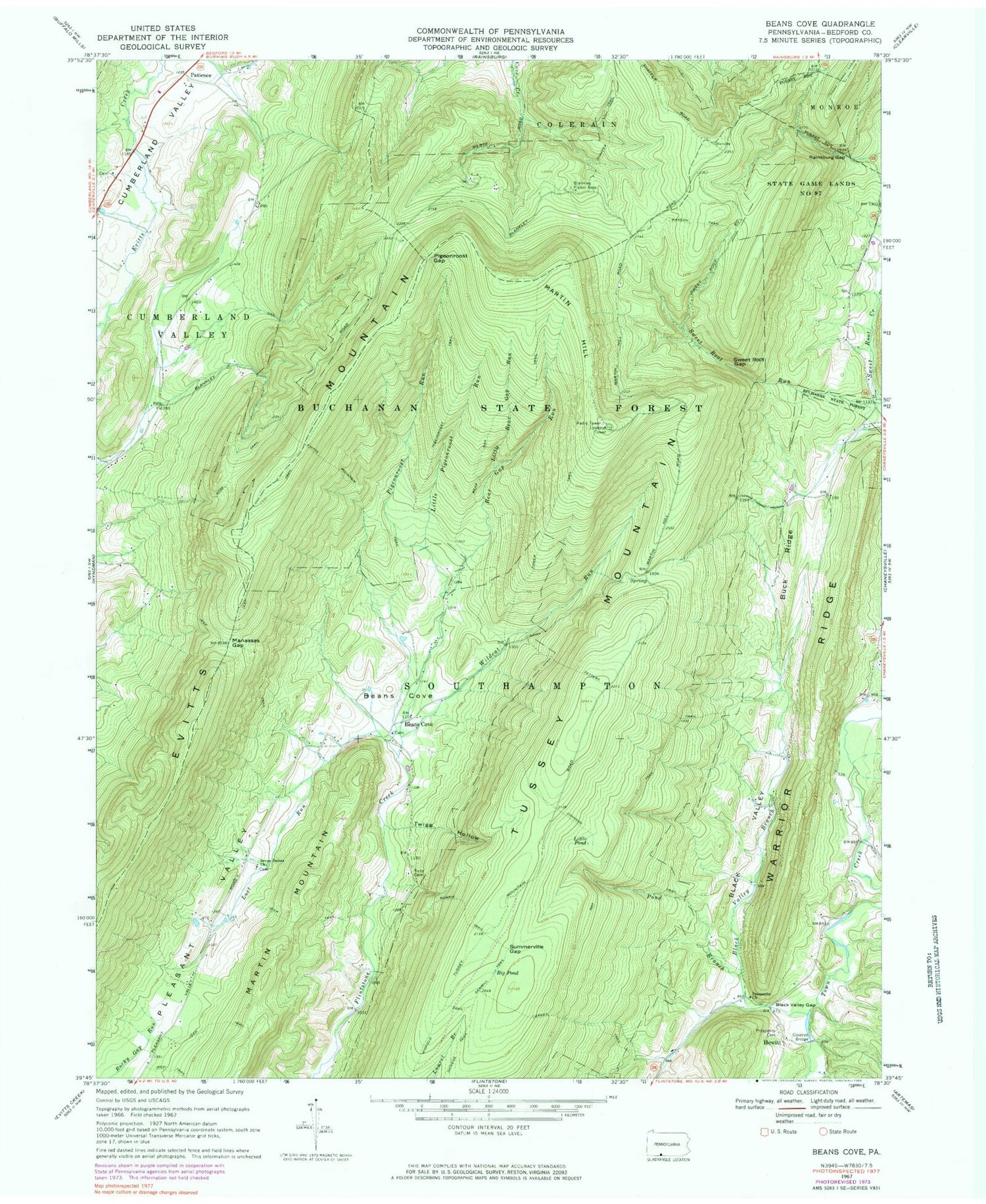 Classic USGS Beans Cove Pennsylvania 7.5'x7.5' Topo Map Image