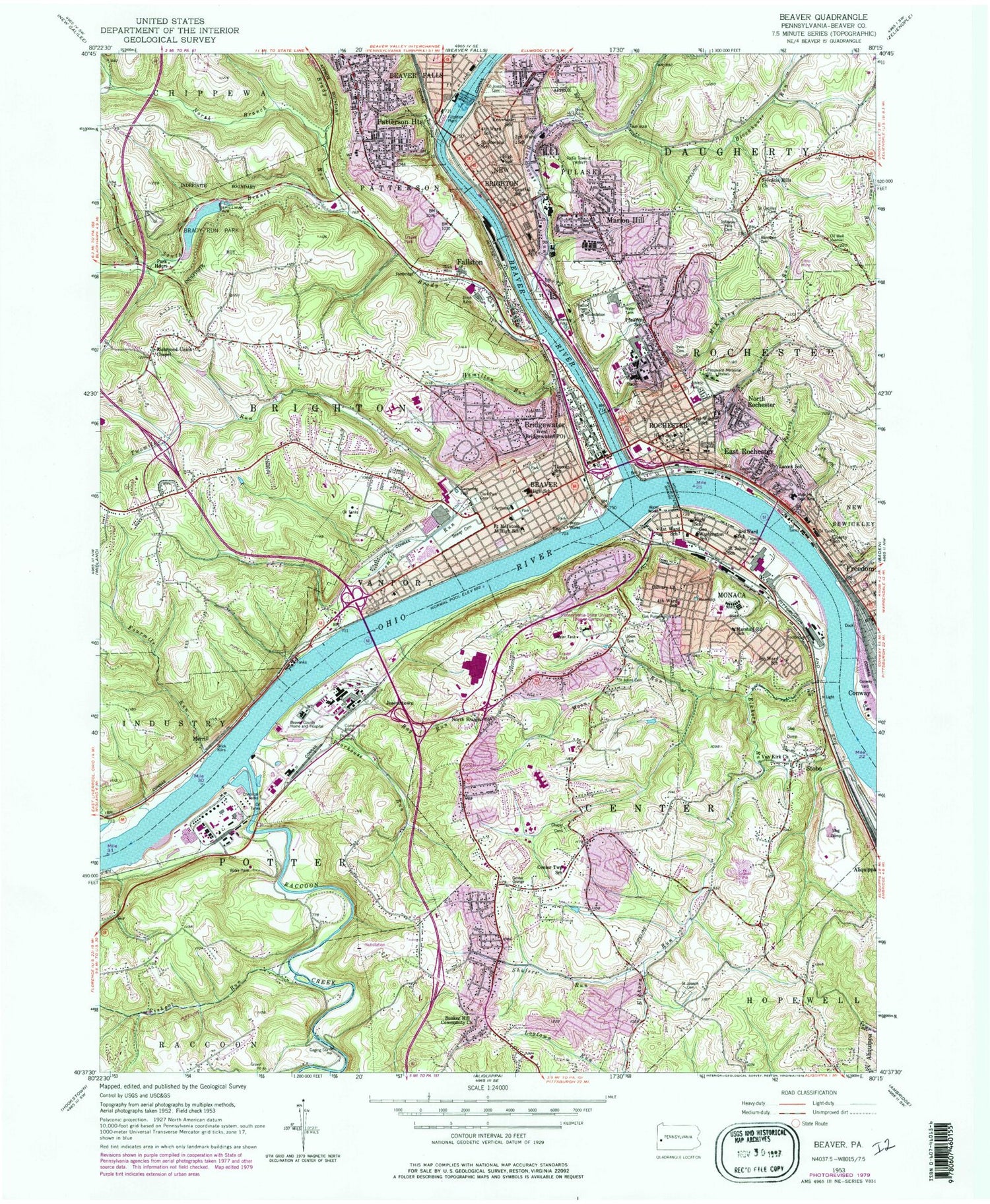 Classic USGS Beaver Pennsylvania 7.5'x7.5' Topo Map Image