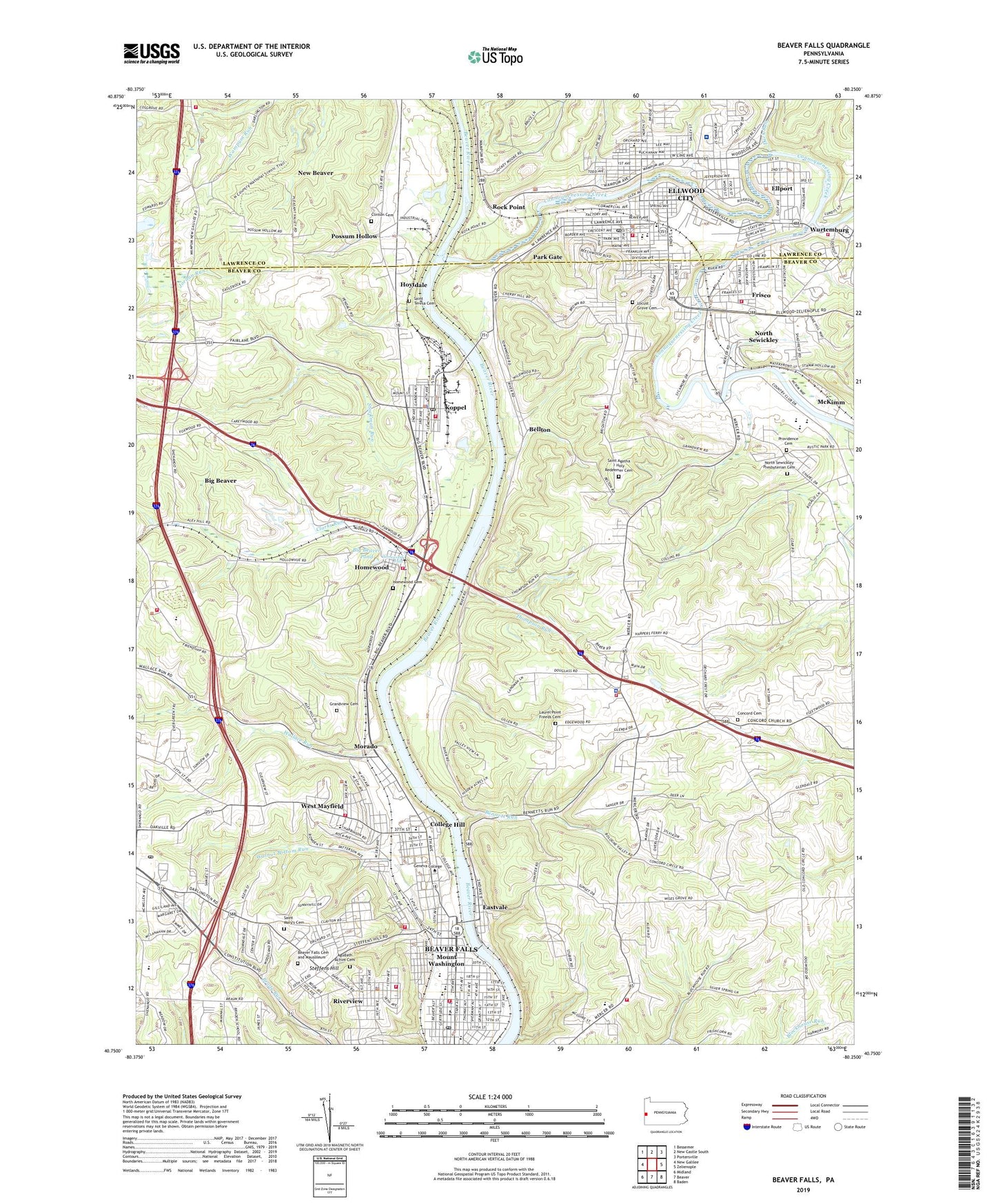 Beaver Falls Pennsylvania US Topo Map Image