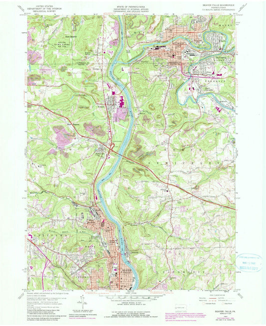 Classic USGS Beaver Falls Pennsylvania 7.5'x7.5' Topo Map Image