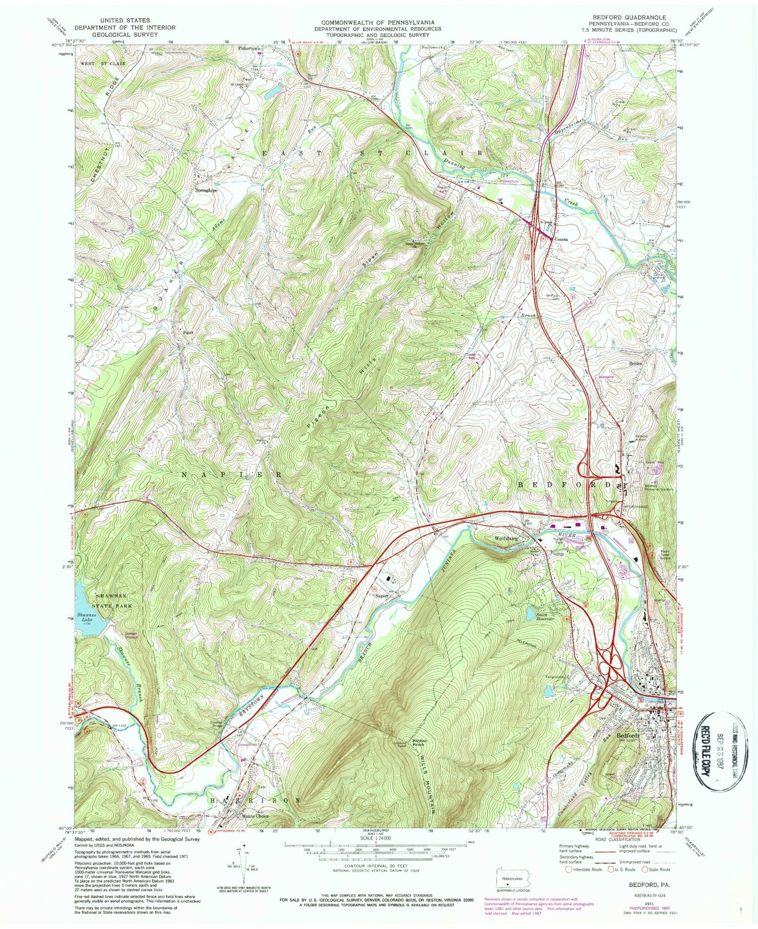 Classic USGS Bedford Pennsylvania 7.5'x7.5' Topo Map Image