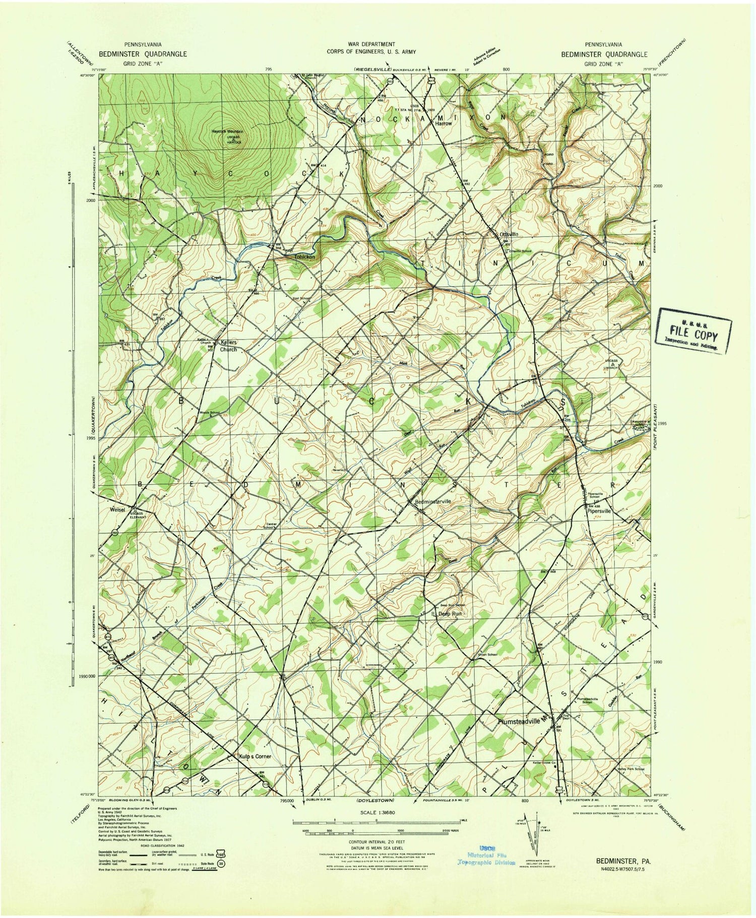 Classic USGS Bedminster Pennsylvania 7.5'x7.5' Topo Map Image