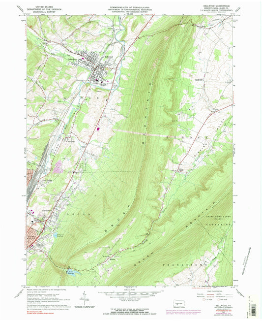 Classic USGS Bellwood Pennsylvania 7.5'x7.5' Topo Map Image