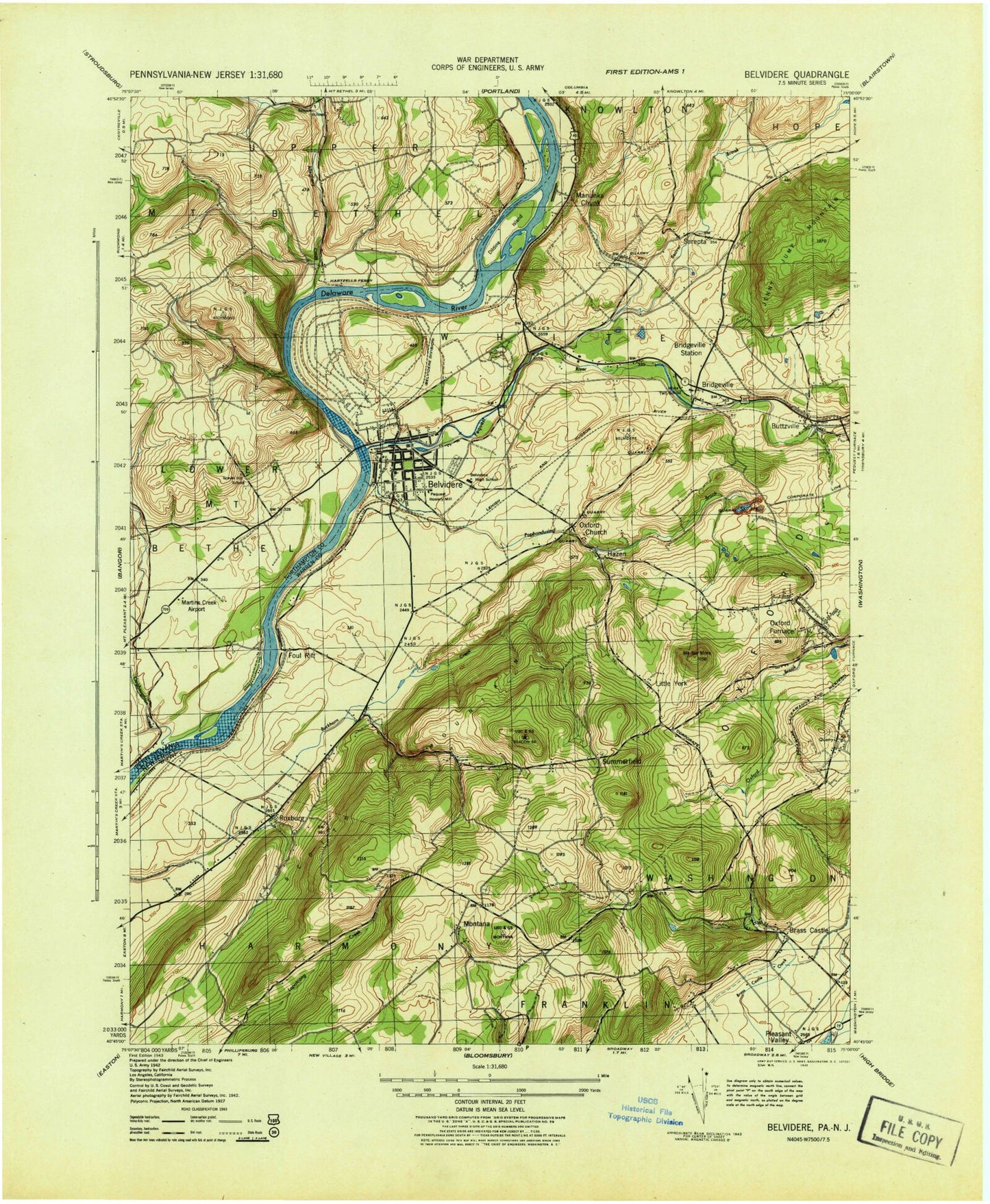 Classic USGS Belvidere New Jersey 7.5'x7.5' Topo Map Image