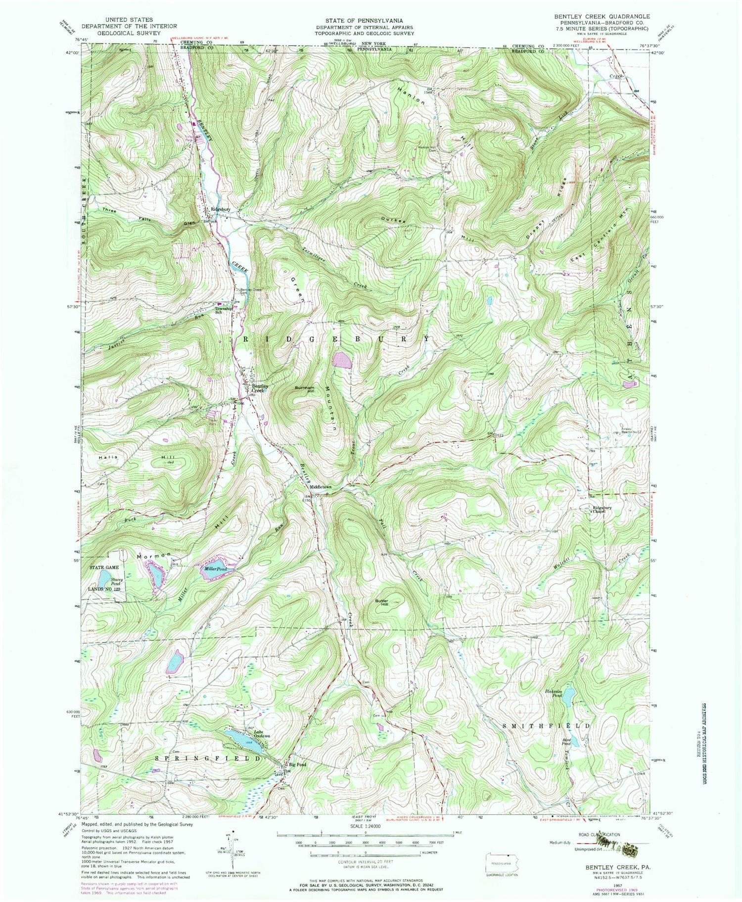 Classic USGS Bentley Creek Pennsylvania 7.5'x7.5' Topo Map Image