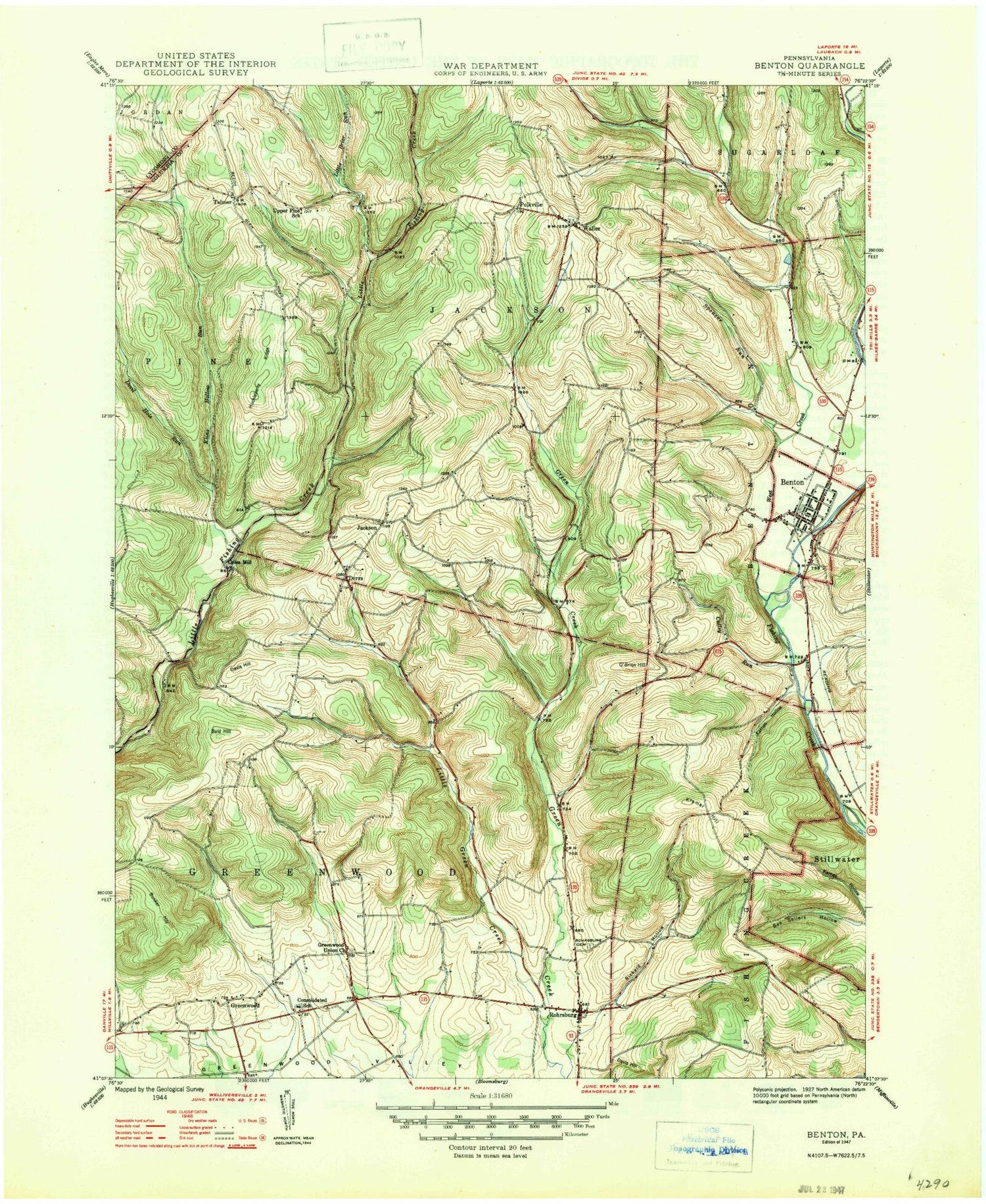 Classic USGS Benton Pennsylvania 7.5'x7.5' Topo Map Image