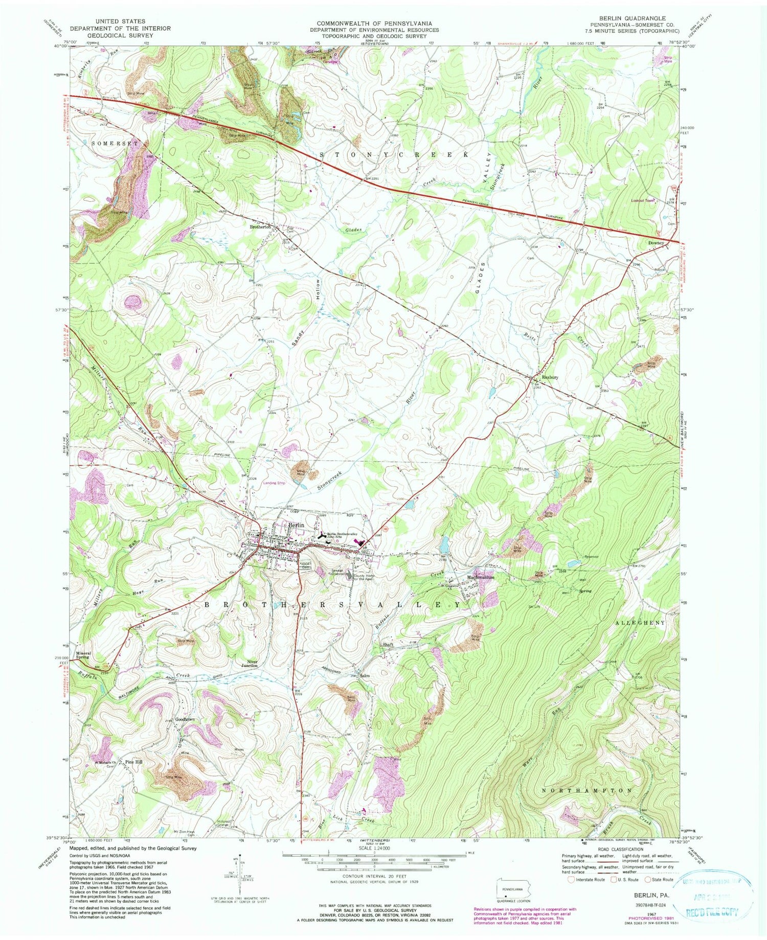 Classic USGS Berlin Pennsylvania 7.5'x7.5' Topo Map Image
