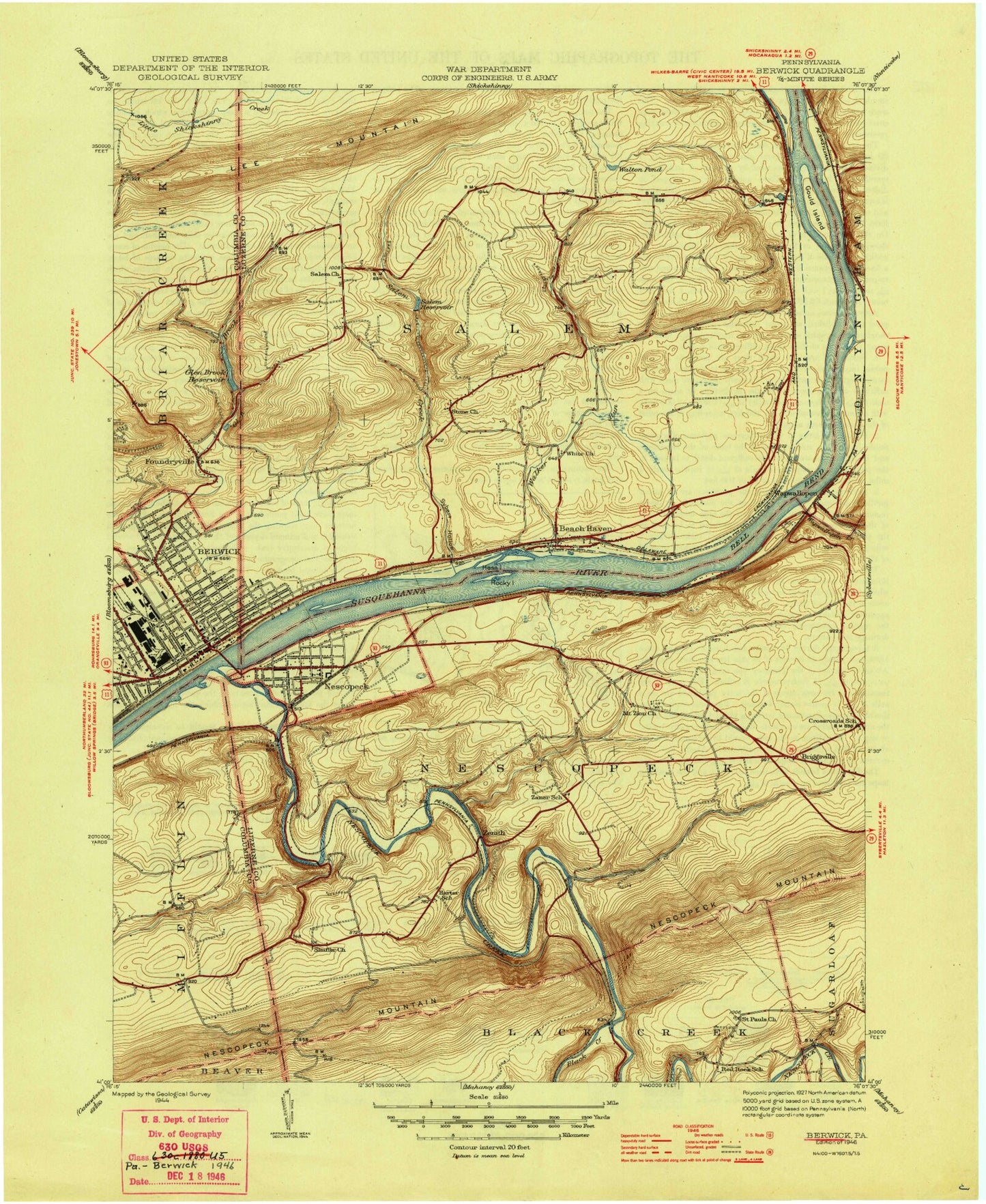 Classic USGS Berwick Pennsylvania 7.5'x7.5' Topo Map Image