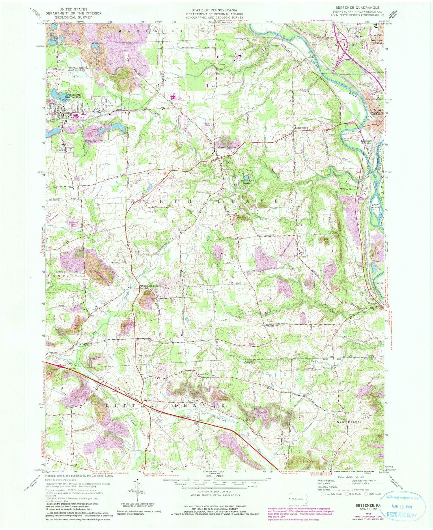 Classic USGS Bessemer Pennsylvania 7.5'x7.5' Topo Map Image