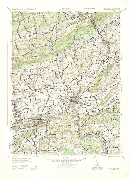 Historic 1943 Bethlehem Pennsylvania 30'x30' Topo Map Image