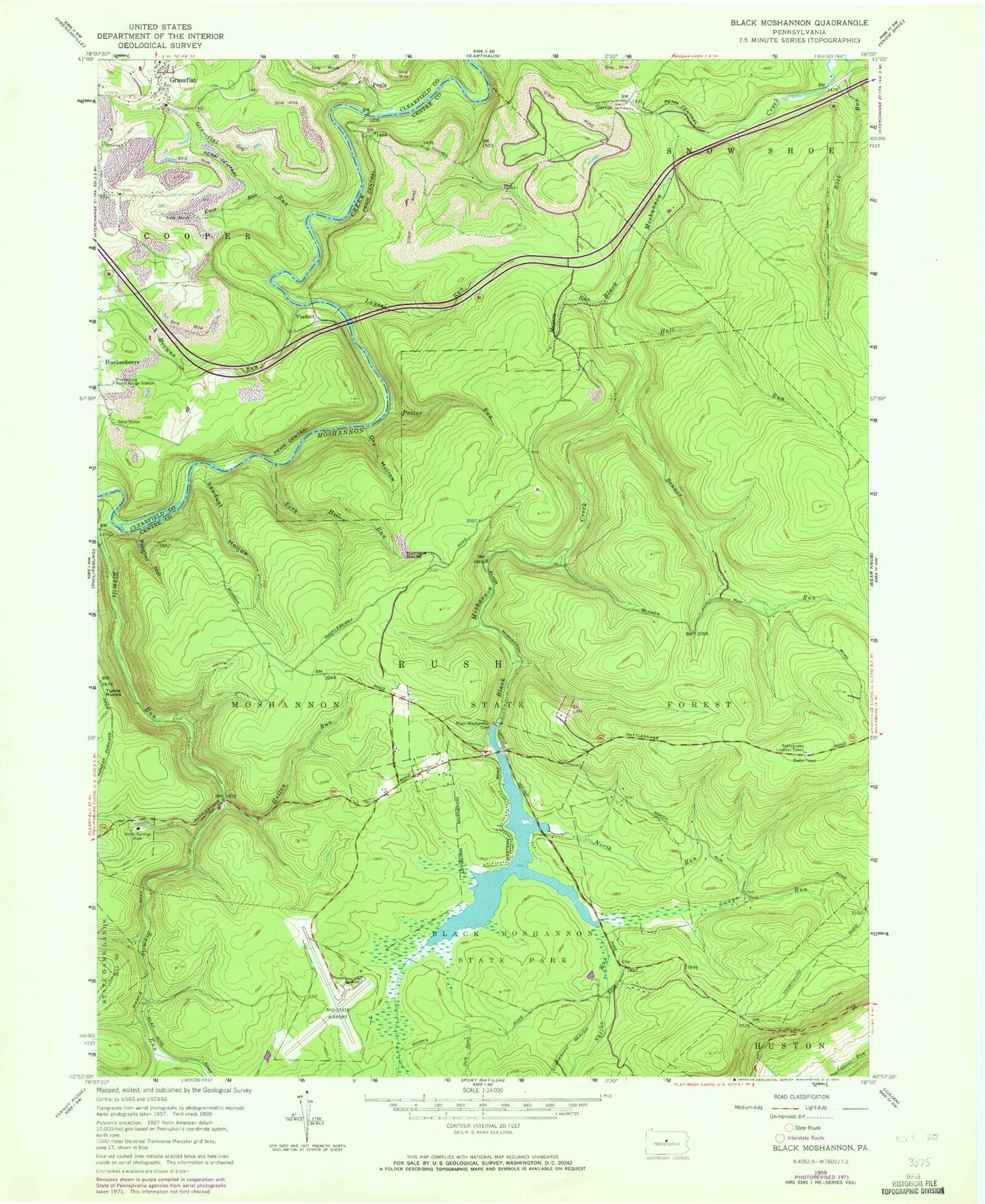 Classic USGS Black Moshannon Pennsylvania 7.5'x7.5' Topo Map Image