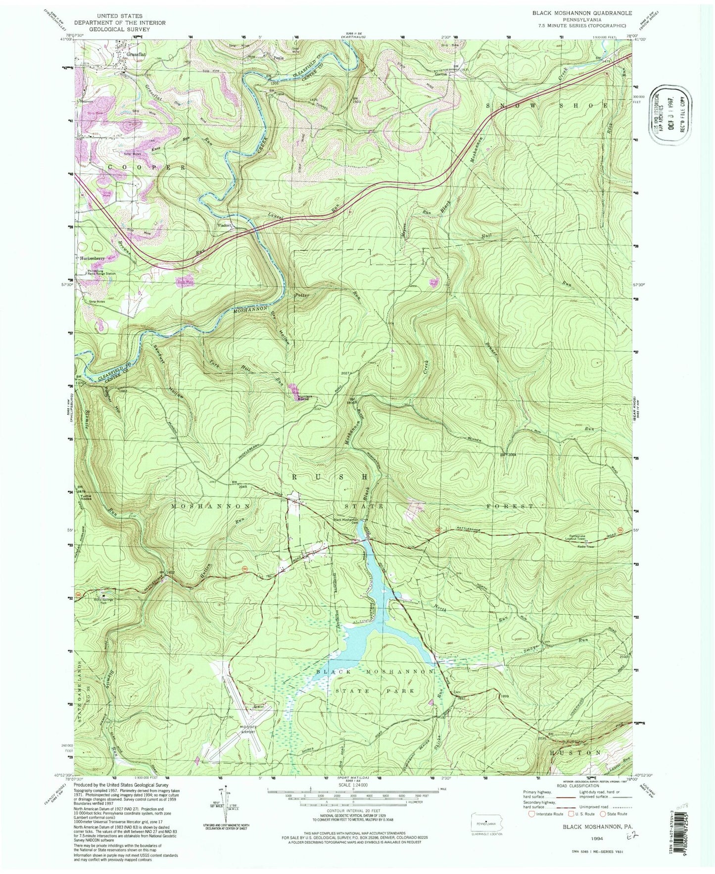 Classic USGS Black Moshannon Pennsylvania 7.5'x7.5' Topo Map Image