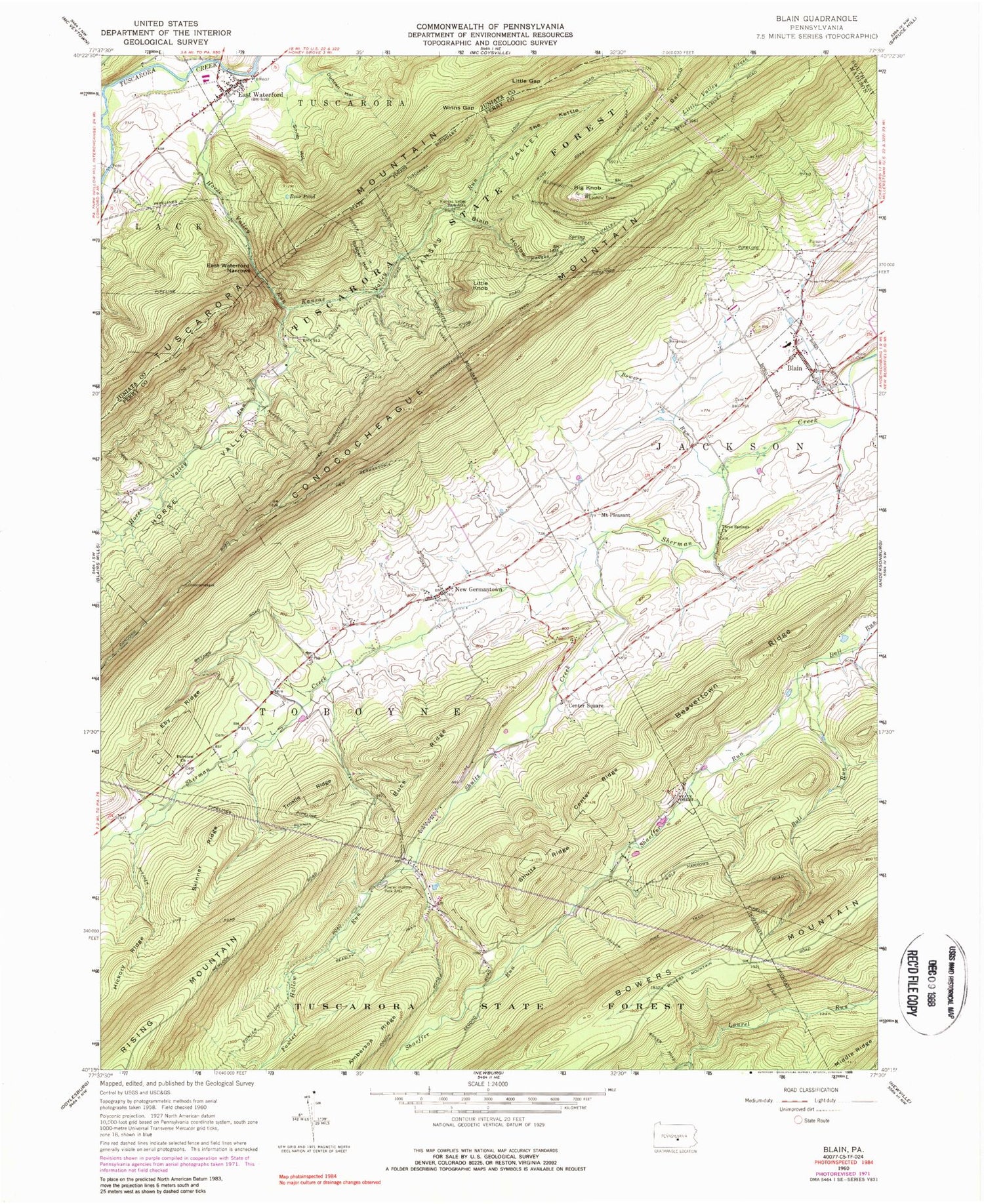 Classic USGS Blain Pennsylvania 7.5'x7.5' Topo Map Image