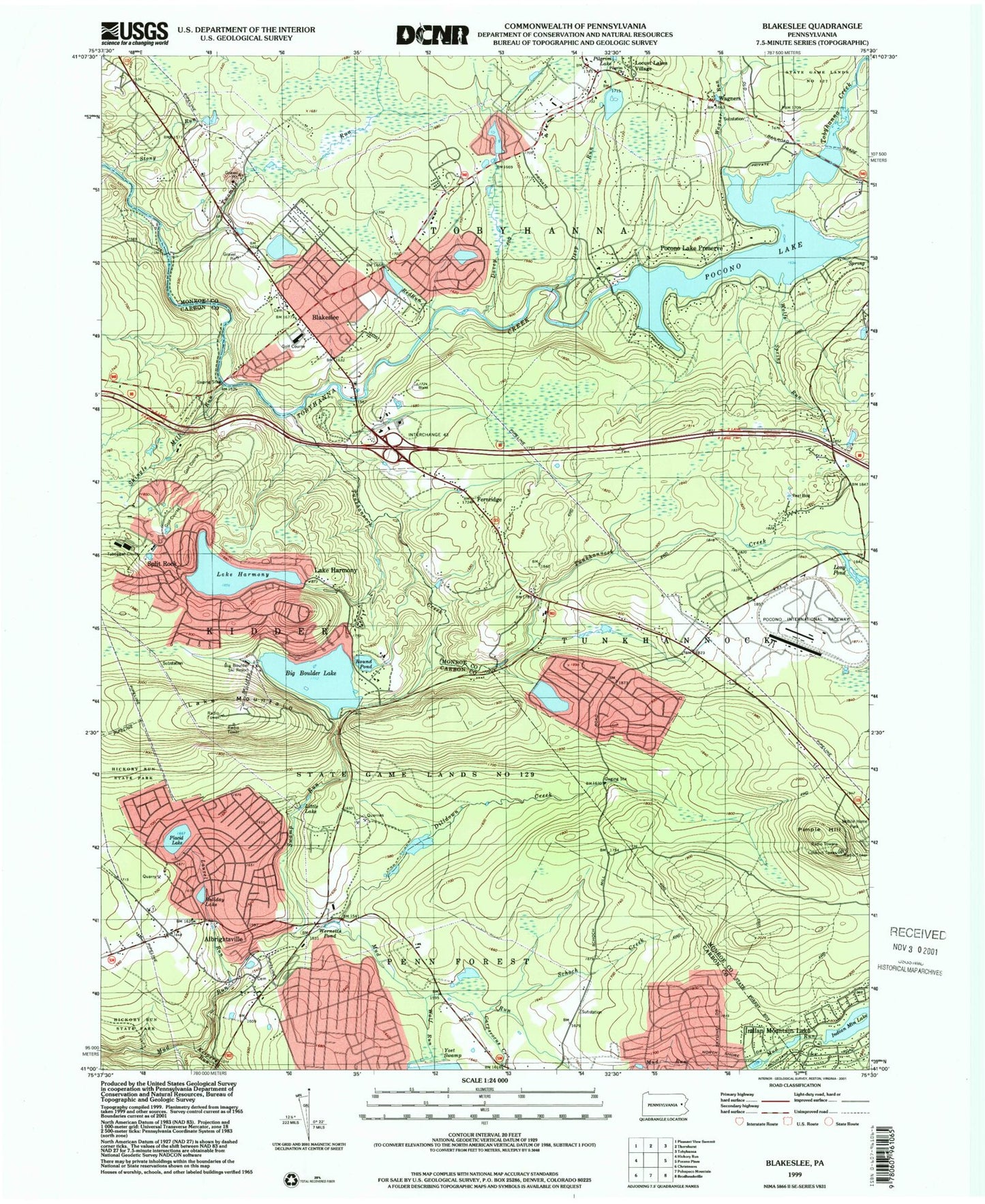 Classic USGS Blakeslee Pennsylvania 7.5'x7.5' Topo Map Image