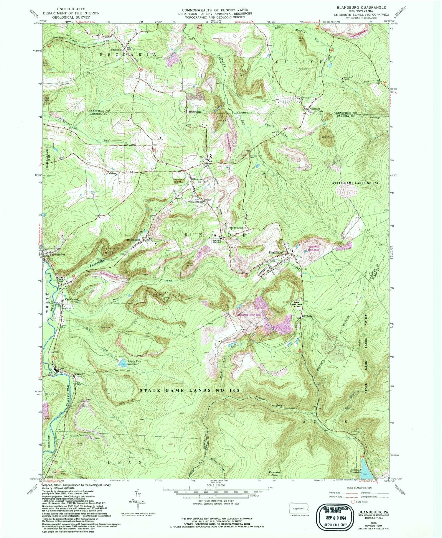 Classic USGS Blandburg Pennsylvania 7.5'x7.5' Topo Map Image