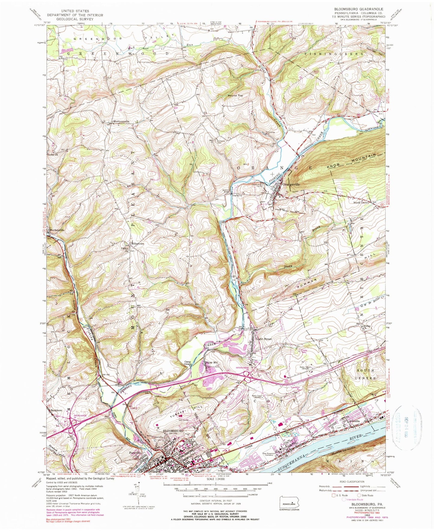Classic USGS Bloomsburg Pennsylvania 7.5'x7.5' Topo Map Image