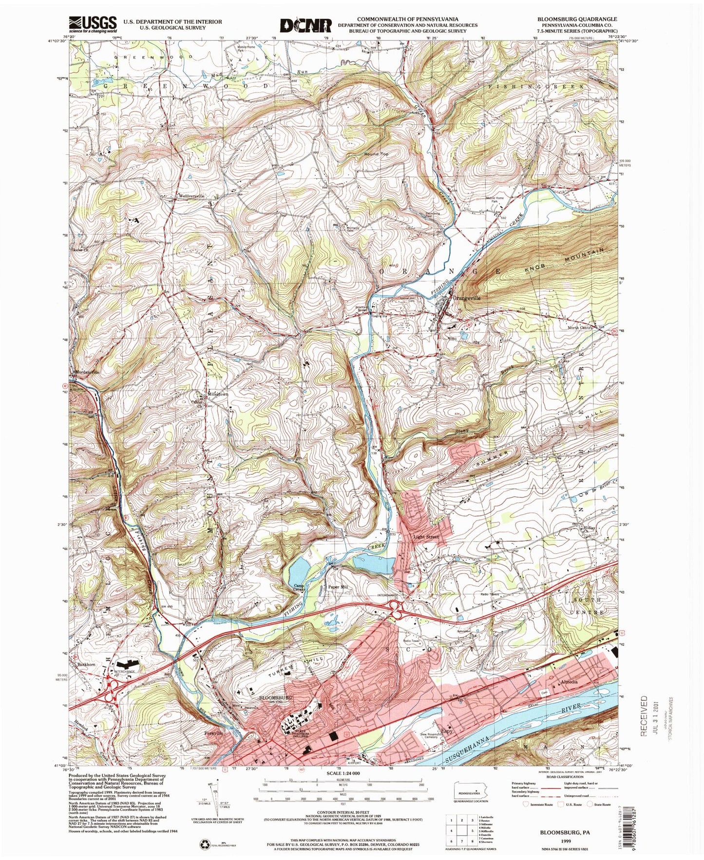 Classic USGS Bloomsburg Pennsylvania 7.5'x7.5' Topo Map Image