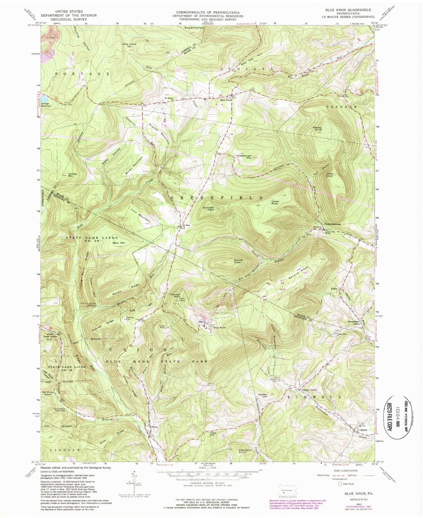 Classic USGS Blue Knob Pennsylvania 7.5'x7.5' Topo Map Image