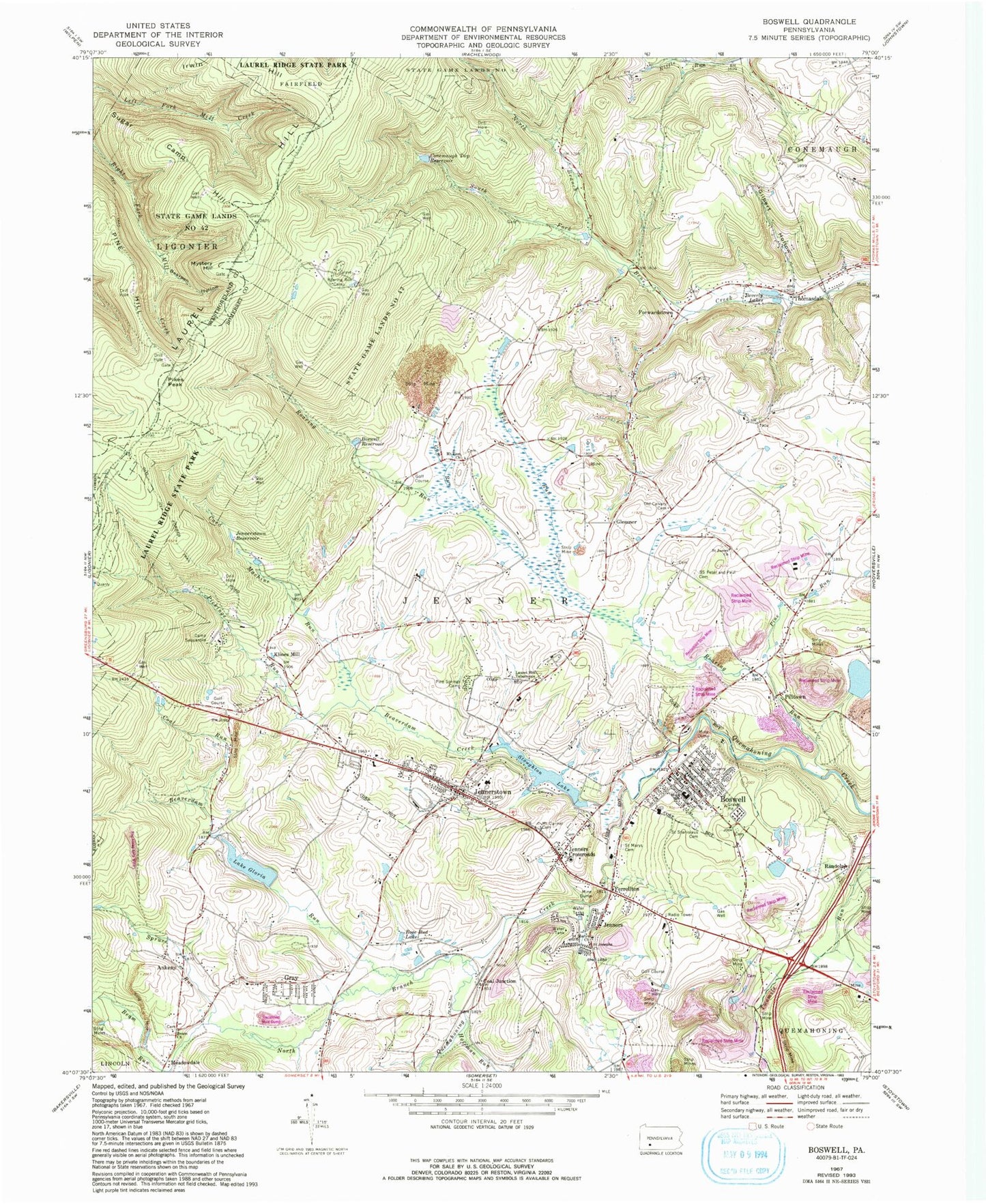 Classic USGS Boswell Pennsylvania 7.5'x7.5' Topo Map Image