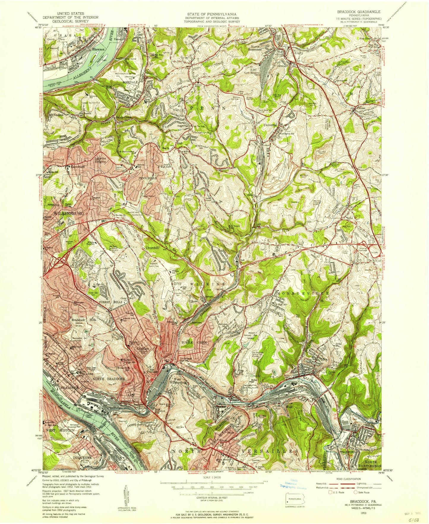 Classic USGS Braddock Pennsylvania 7.5'x7.5' Topo Map Image