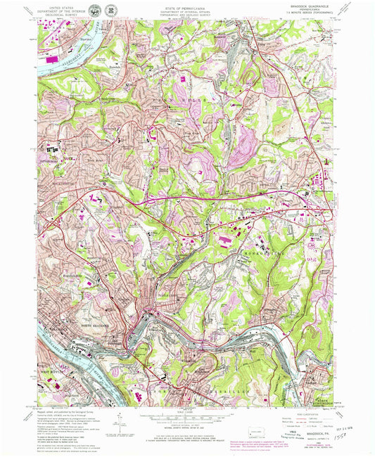 Classic USGS Braddock Pennsylvania 7.5'x7.5' Topo Map Image