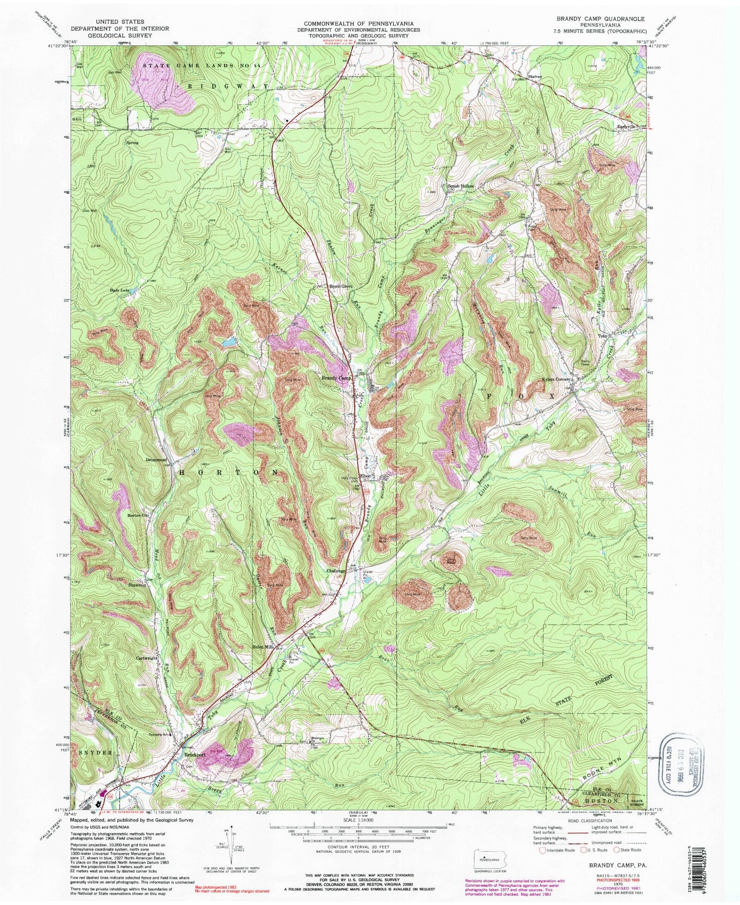 Classic USGS Brandy Camp Pennsylvania 7.5'x7.5' Topo Map Image