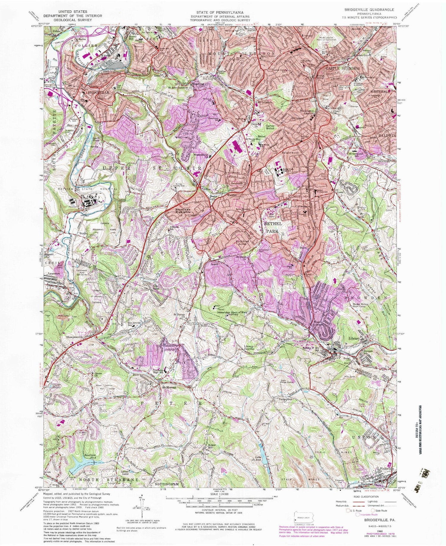 Classic USGS Bridgeville Pennsylvania 7.5'x7.5' Topo Map Image