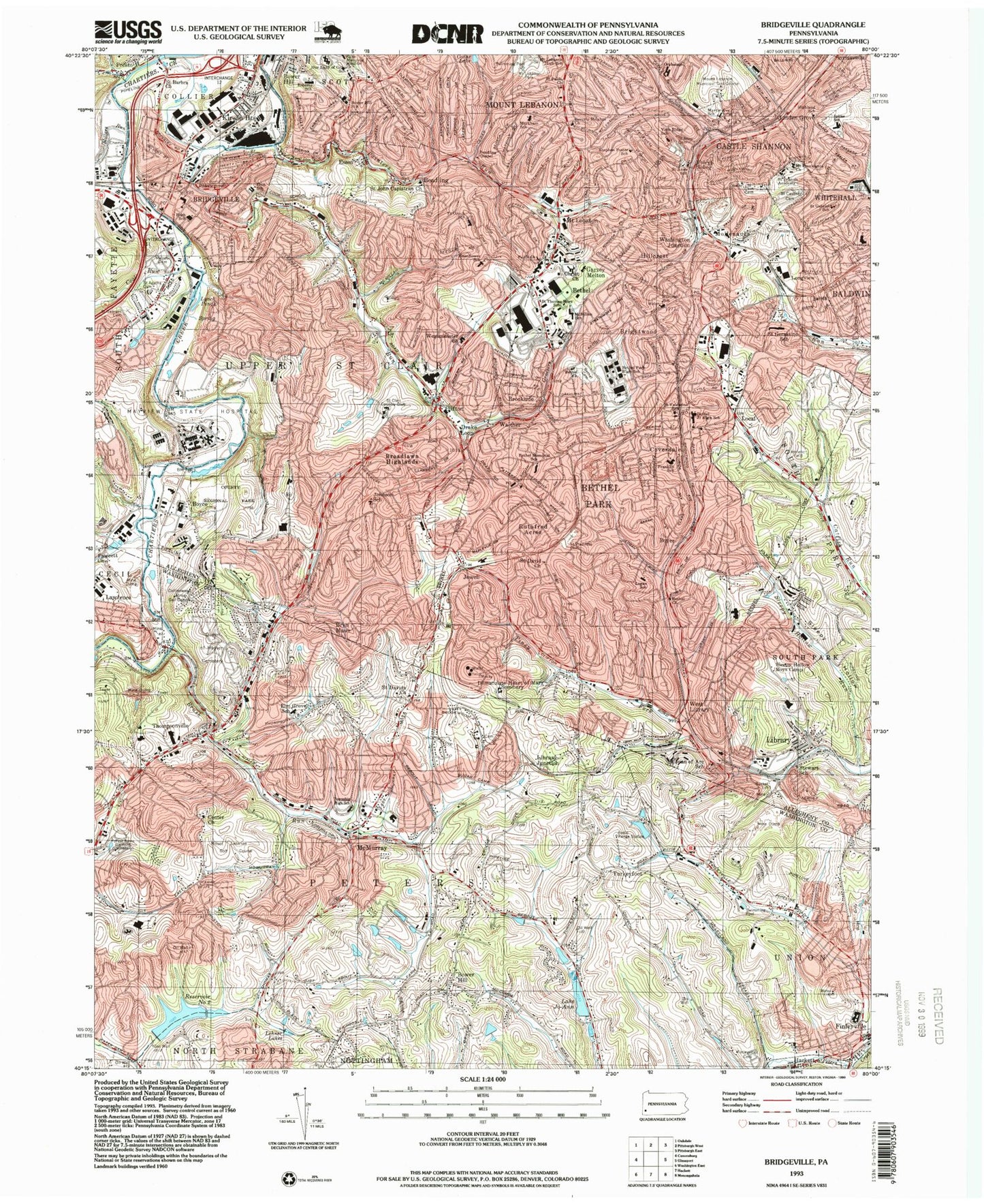 Classic USGS Bridgeville Pennsylvania 7.5'x7.5' Topo Map Image