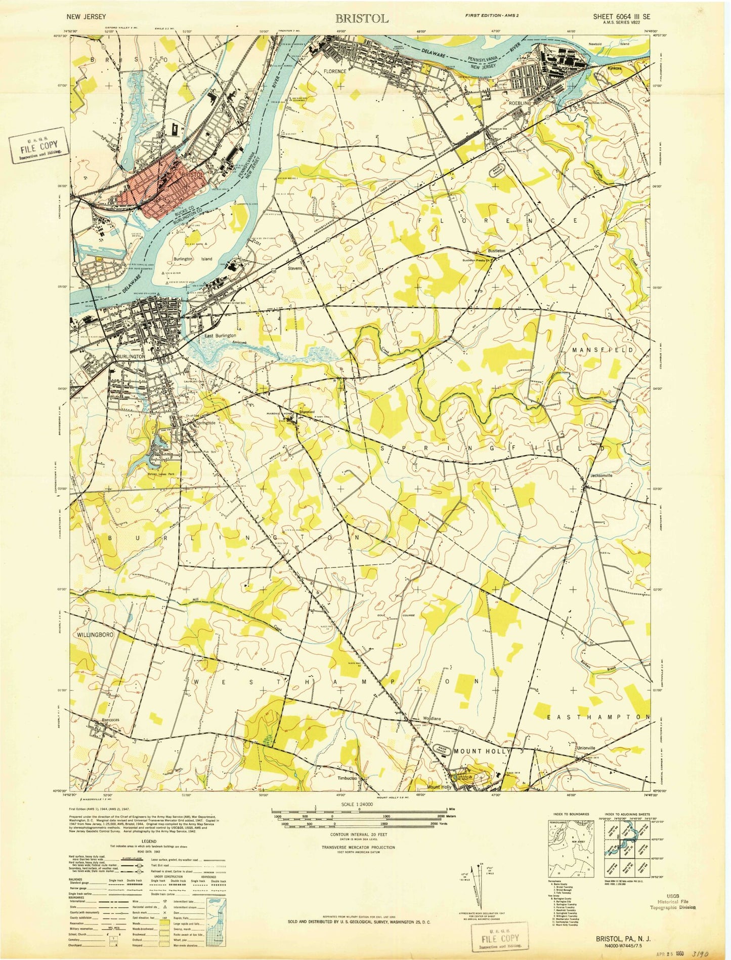 Classic USGS Bristol Pennsylvania 7.5'x7.5' Topo Map Image