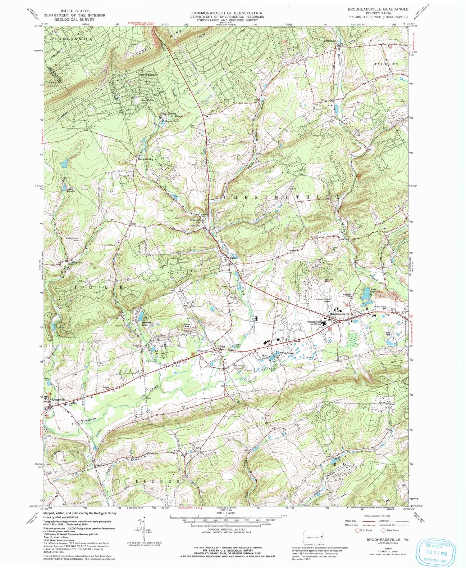 Classic USGS Brodheadsville Pennsylvania 7.5'x7.5' Topo Map Image