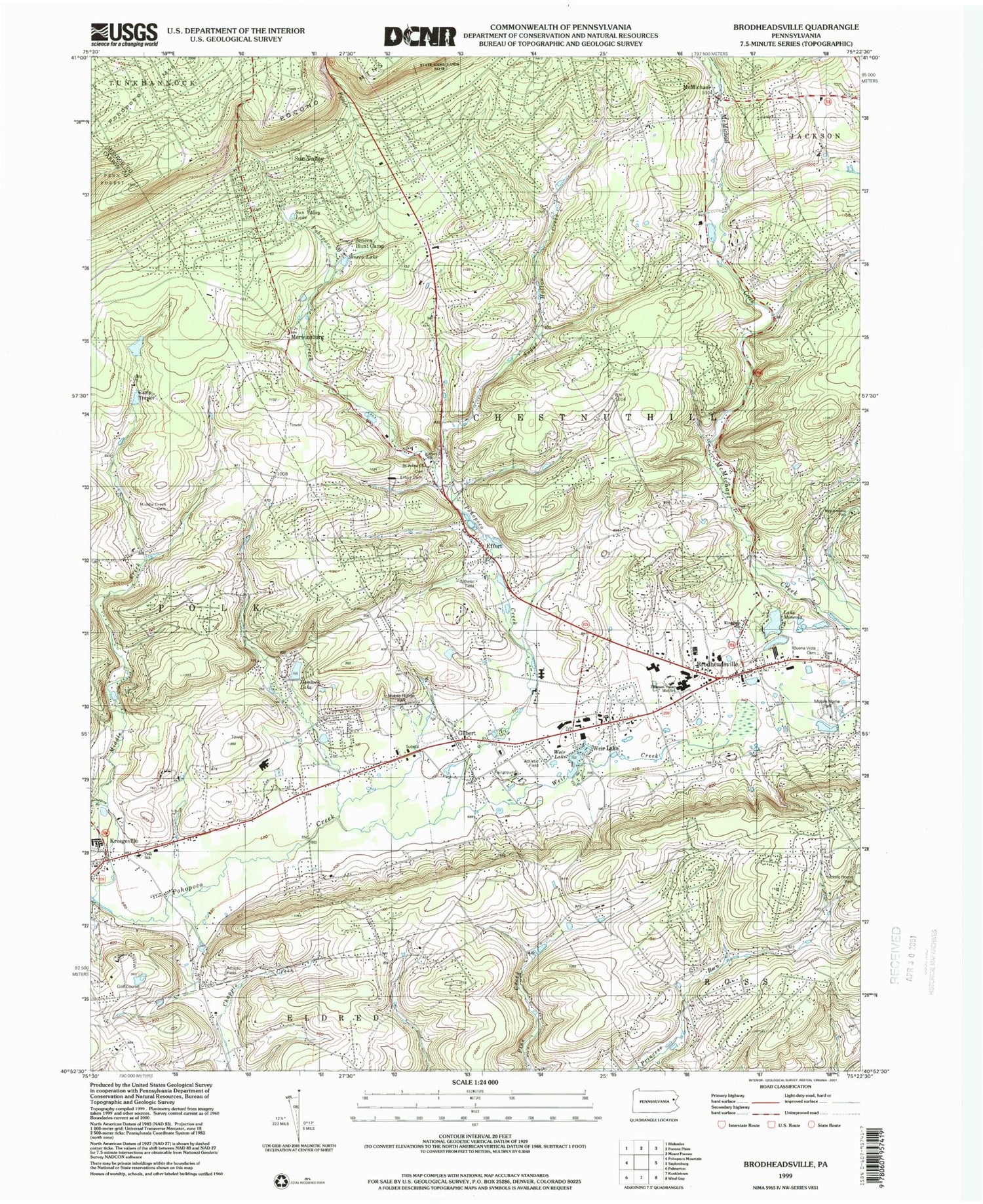 Classic USGS Brodheadsville Pennsylvania 7.5'x7.5' Topo Map Image