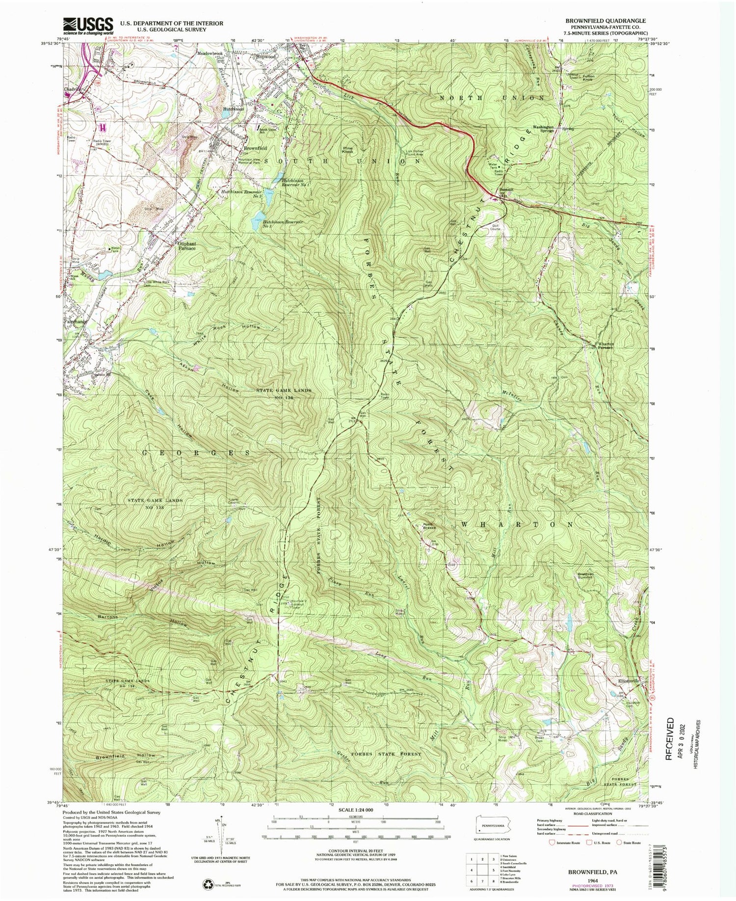 Classic USGS Brownfield Pennsylvania 7.5'x7.5' Topo Map Image