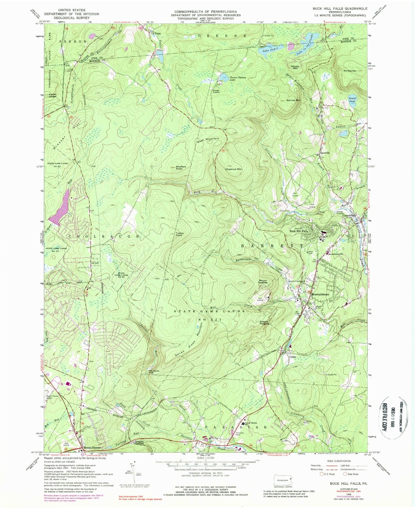 Classic USGS Buck Hill Falls Pennsylvania 7.5'x7.5' Topo Map Image
