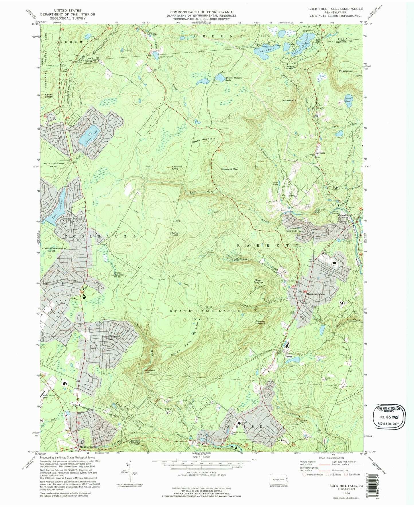 Classic USGS Buck Hill Falls Pennsylvania 7.5'x7.5' Topo Map Image