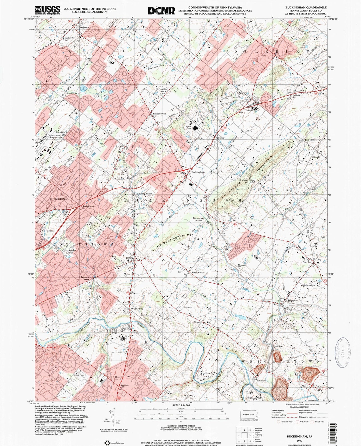 Classic USGS Buckingham Pennsylvania 7.5'x7.5' Topo Map Image