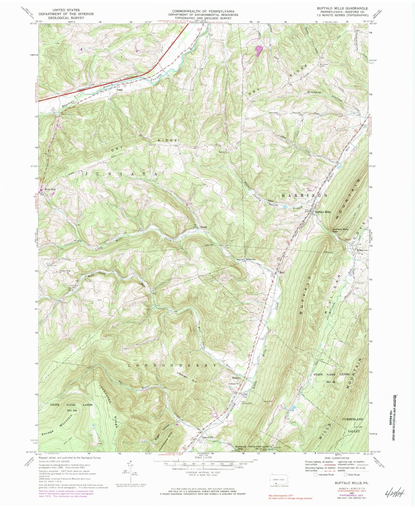 Classic USGS Buffalo Mills Pennsylvania 7.5'x7.5' Topo Map Image