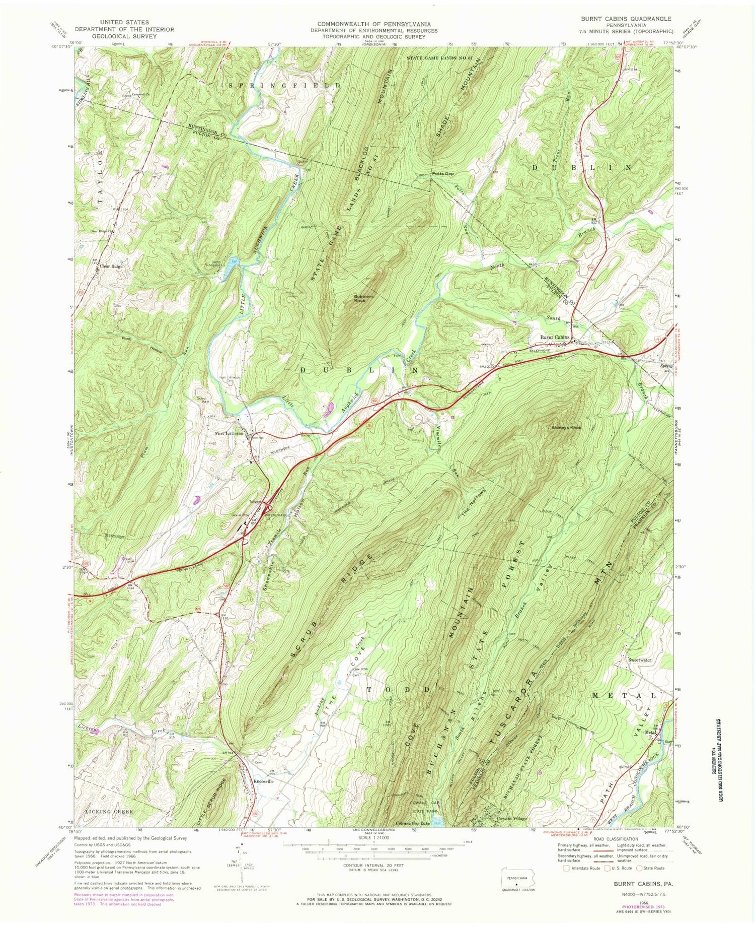 Classic USGS Burnt Cabins Pennsylvania 7.5'x7.5' Topo Map Image