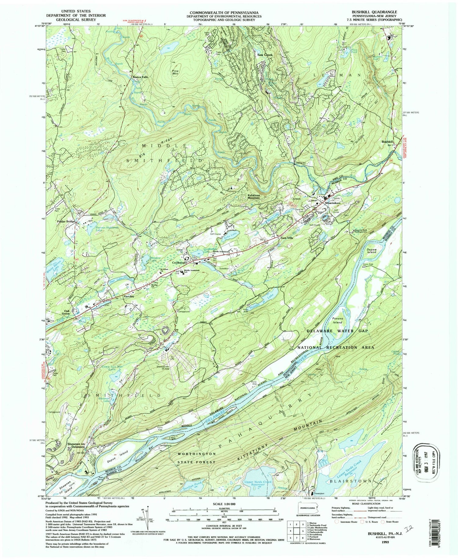 Classic USGS Bushkill Pennsylvania 7.5'x7.5' Topo Map Image