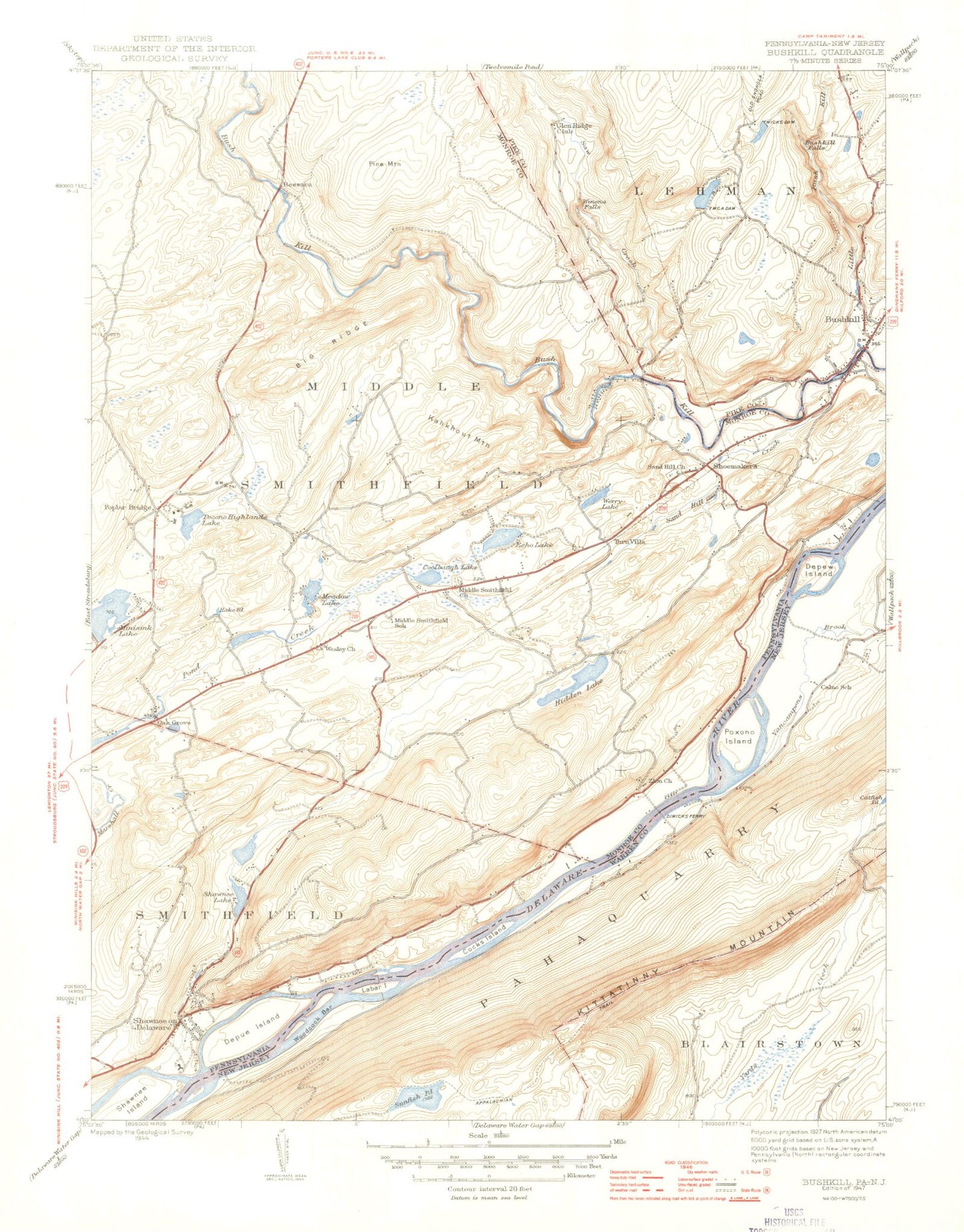 Classic USGS Bushkill Pennsylvania 7.5'x7.5' Topo Map Image