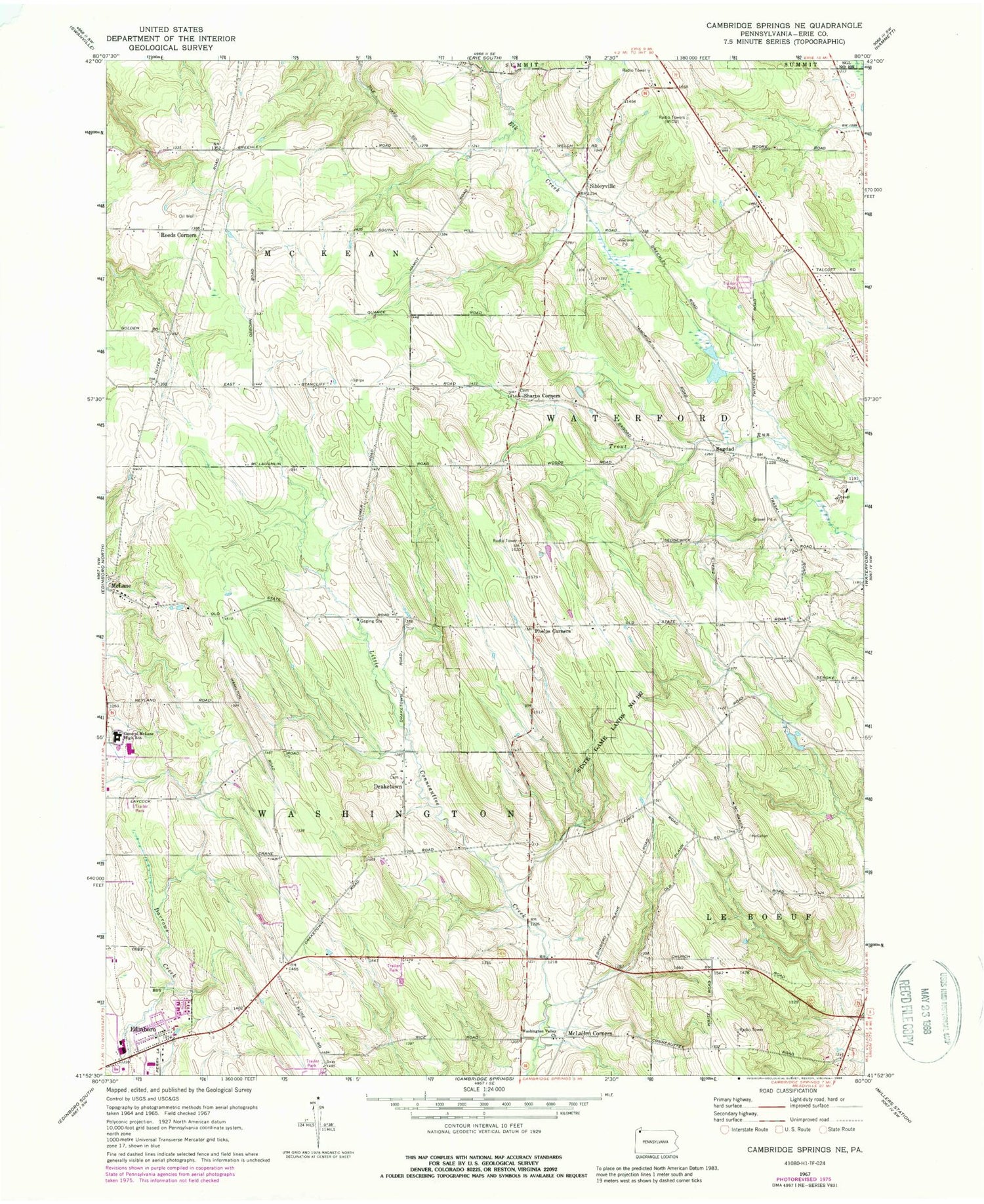 Classic USGS Cambridge Springs NE Pennsylvania 7.5'x7.5' Topo Map Image