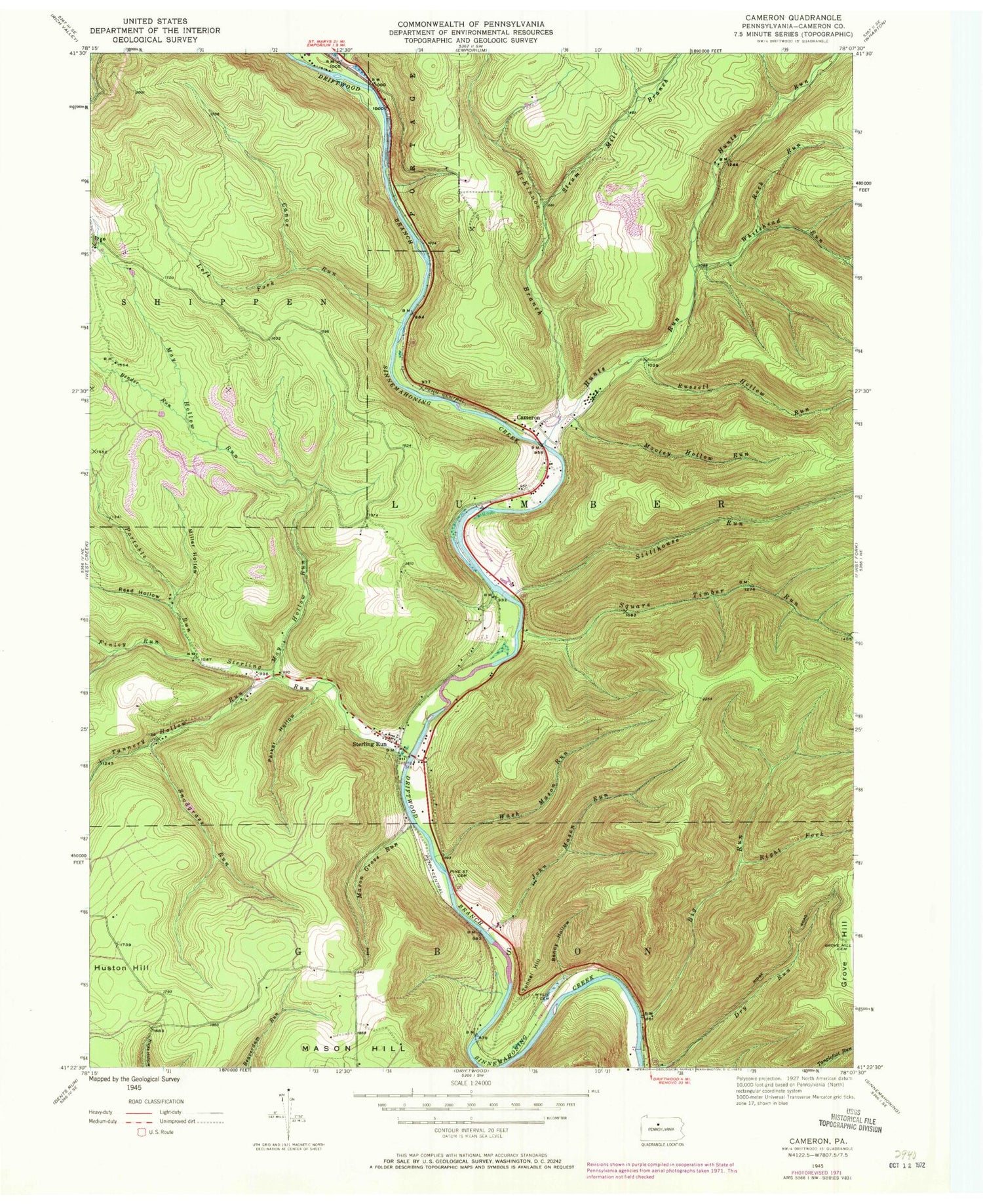 Classic USGS Cameron Pennsylvania 7.5'x7.5' Topo Map Image