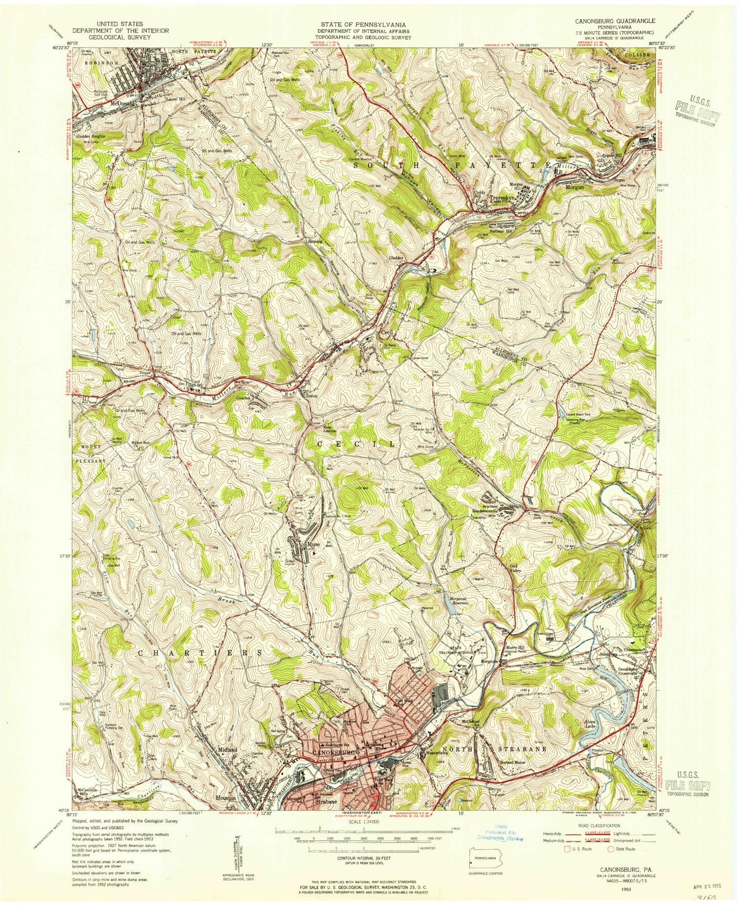 Classic USGS Canonsburg Pennsylvania 7.5'x7.5' Topo Map Image