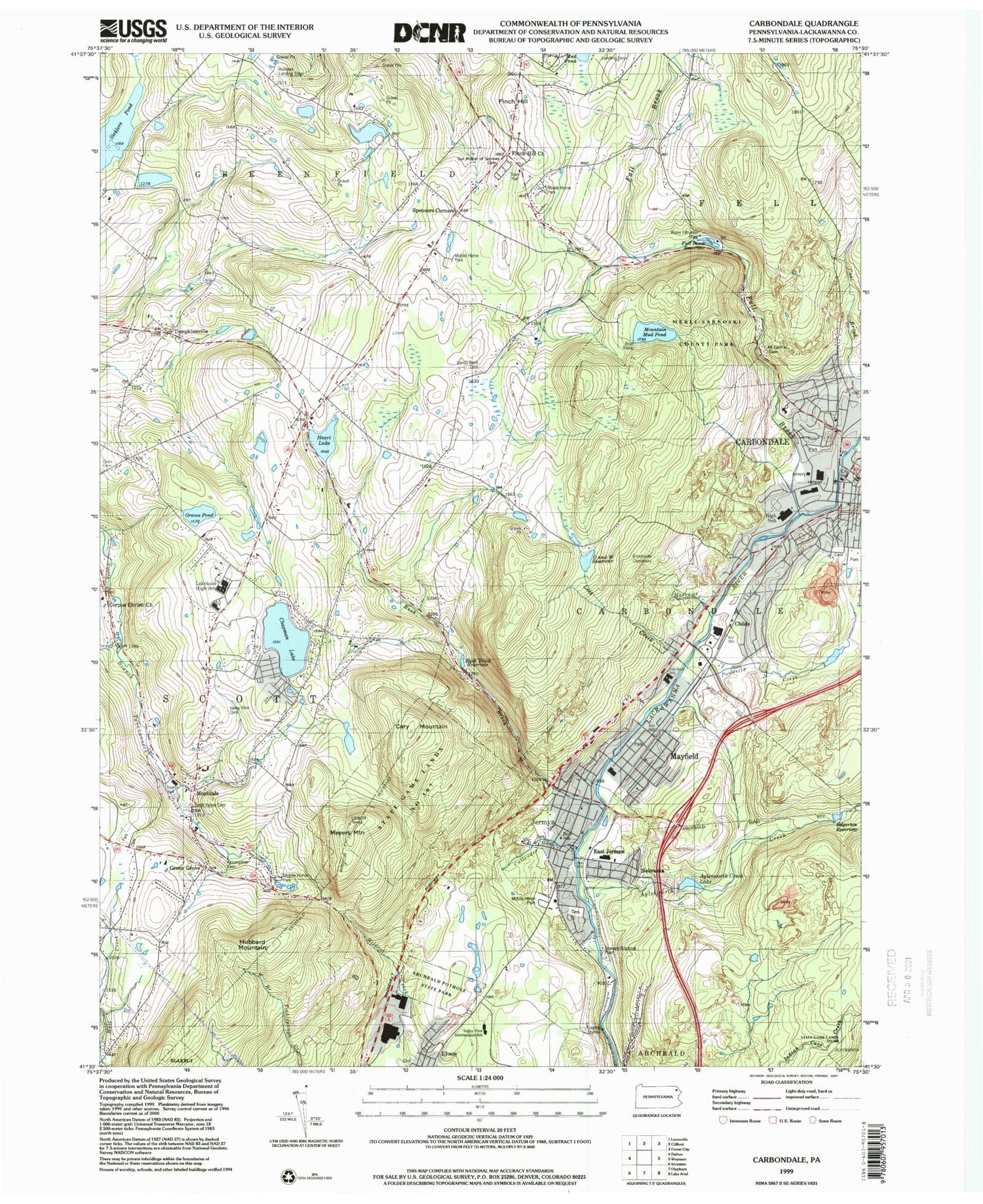 Classic USGS Carbondale Pennsylvania 7.5'x7.5' Topo Map Image