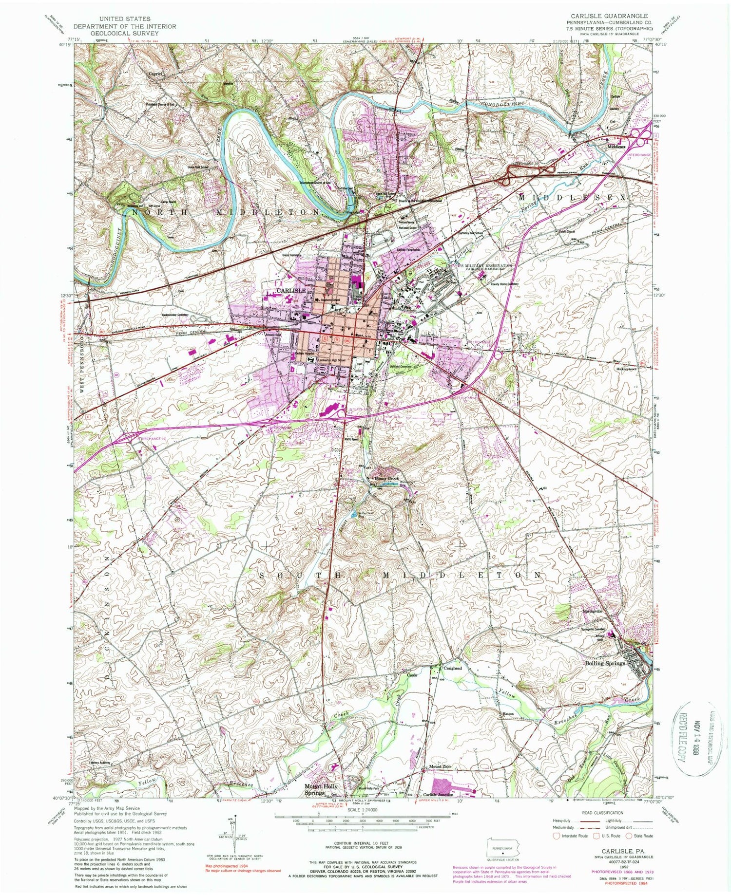Classic USGS Carlisle Pennsylvania 7.5'x7.5' Topo Map Image