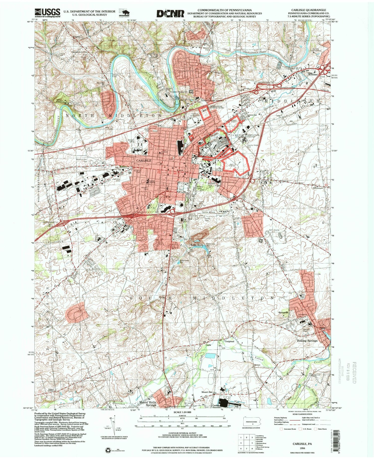 Classic USGS Carlisle Pennsylvania 7.5'x7.5' Topo Map Image