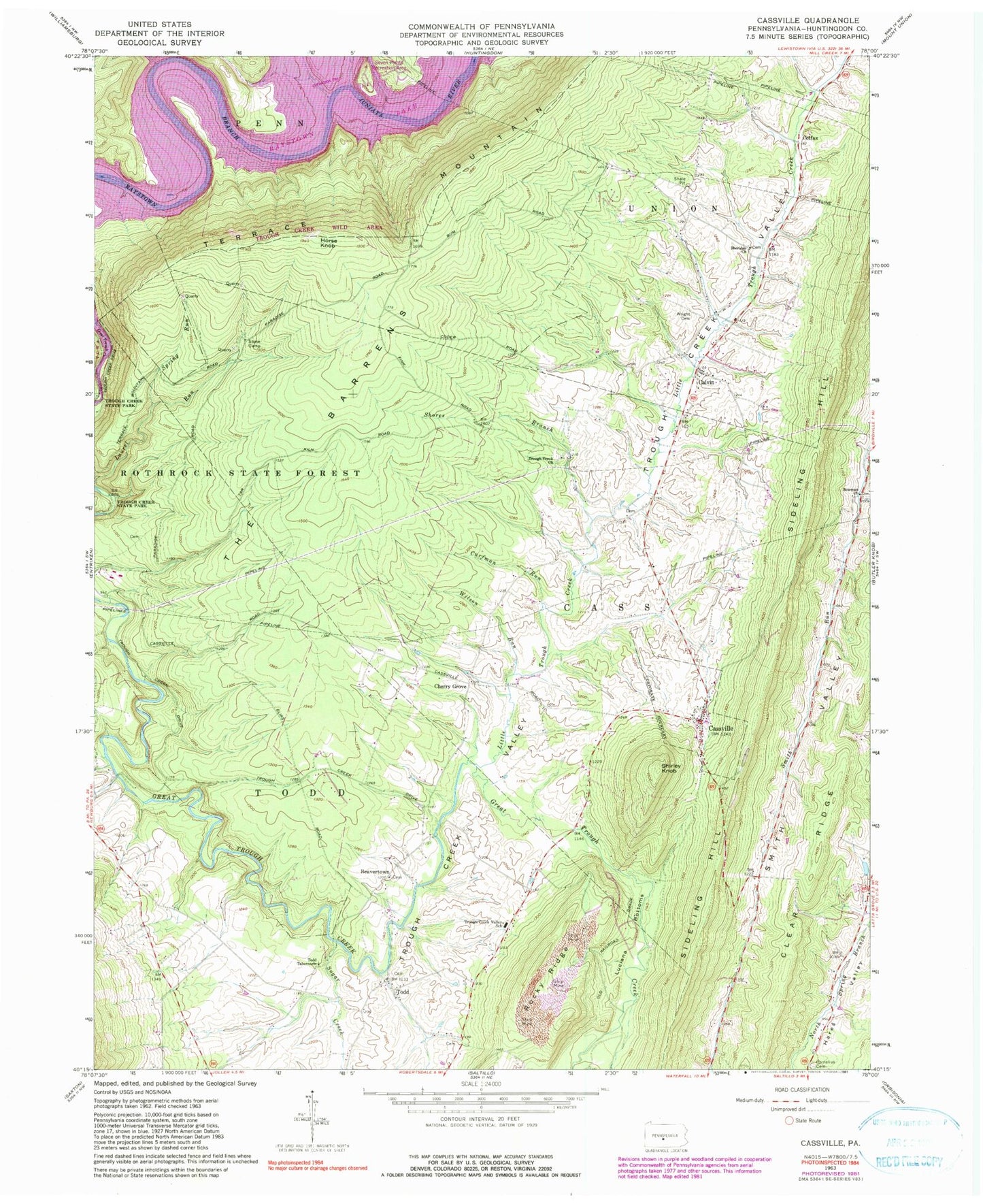 Classic USGS Cassville Pennsylvania 7.5'x7.5' Topo Map Image