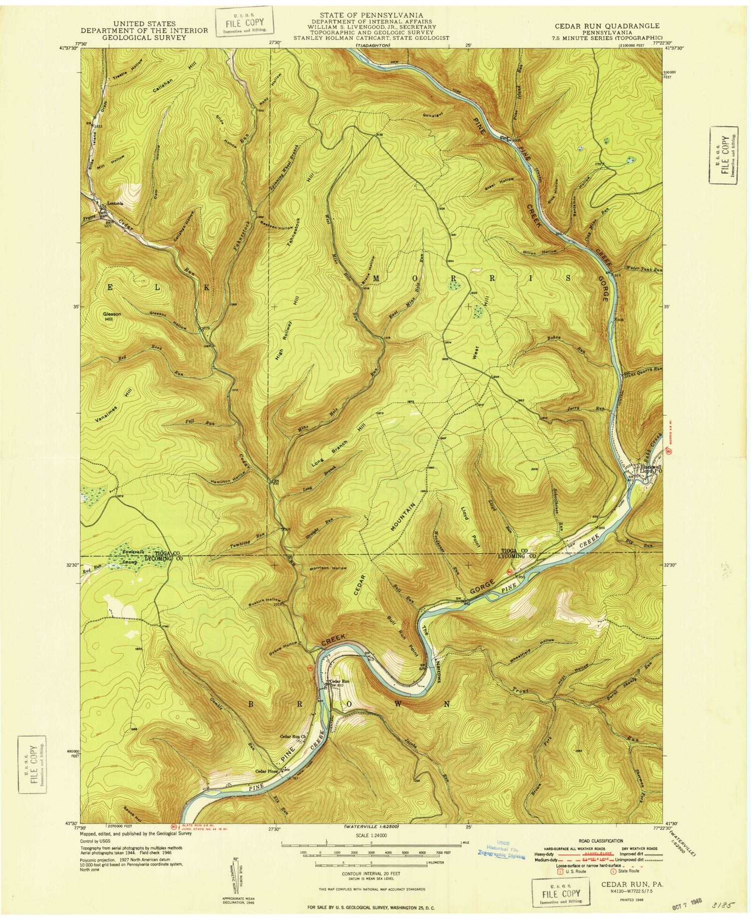 Classic USGS Cedar Run Pennsylvania 7.5'x7.5' Topo Map Image