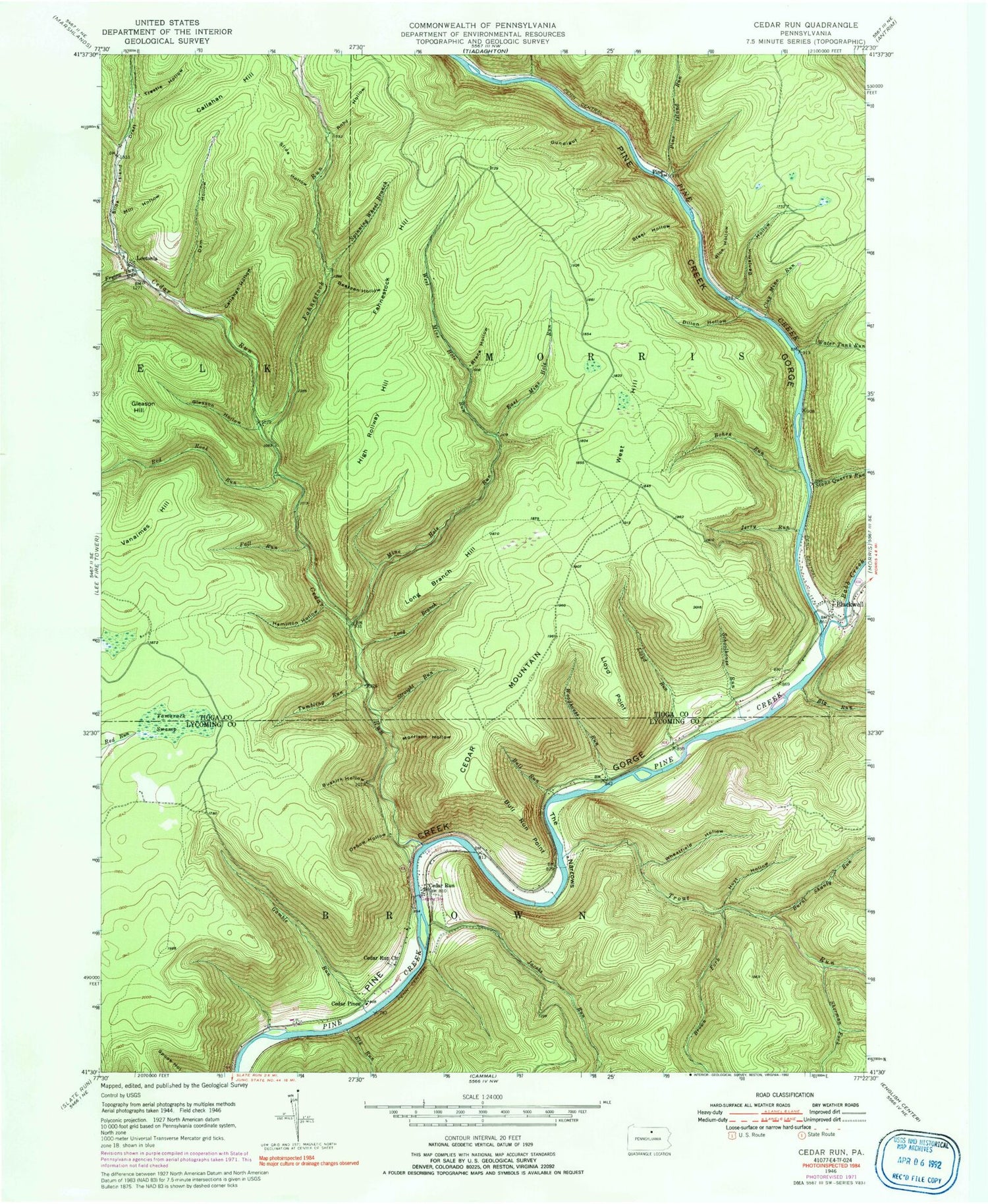 Classic USGS Cedar Run Pennsylvania 7.5'x7.5' Topo Map Image